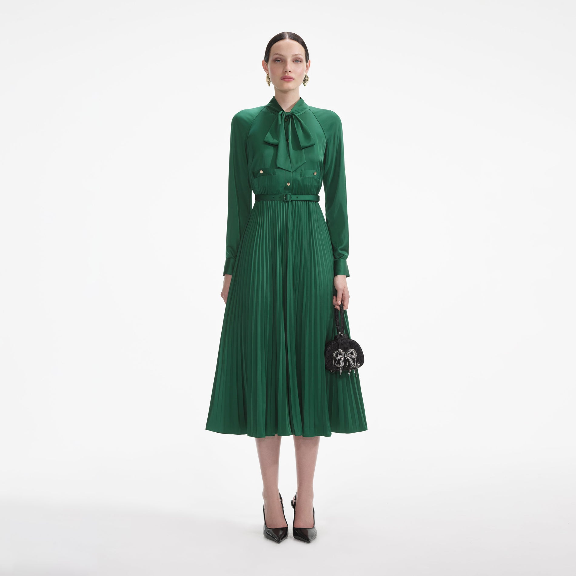 Front view of a woman wearing the Green Satin Midi Dress