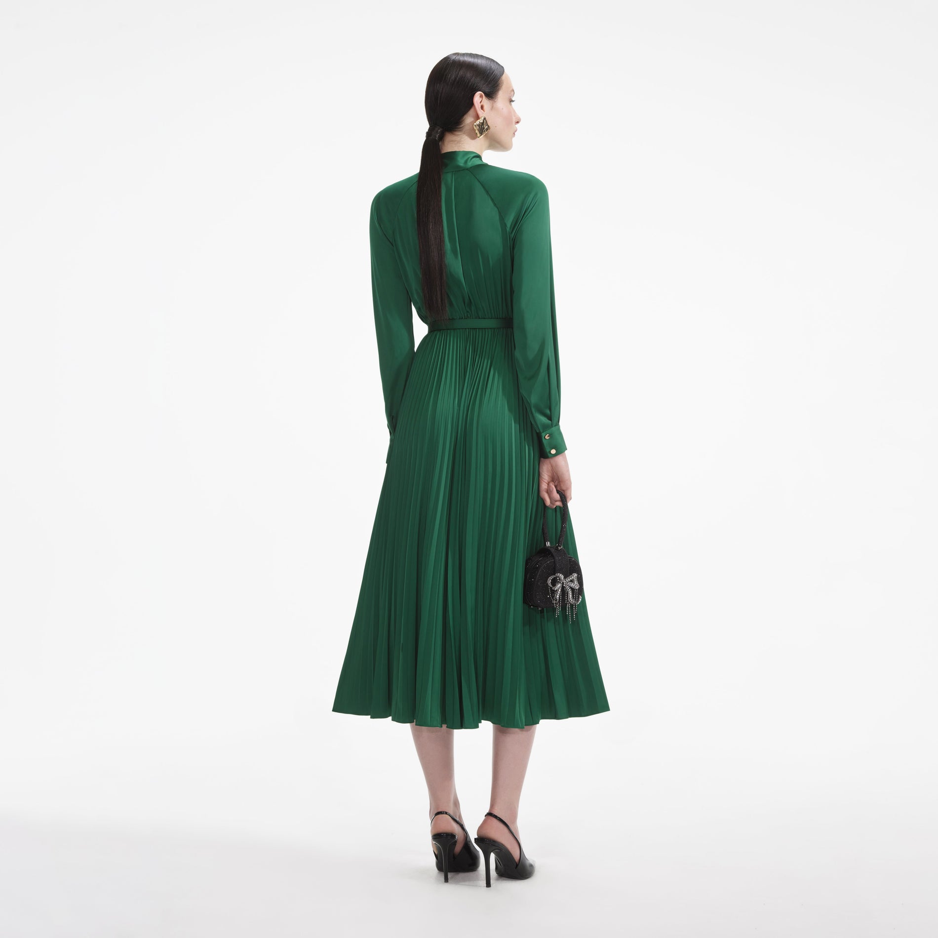 Back view of a woman wearing the White Green Satin Midi Dress