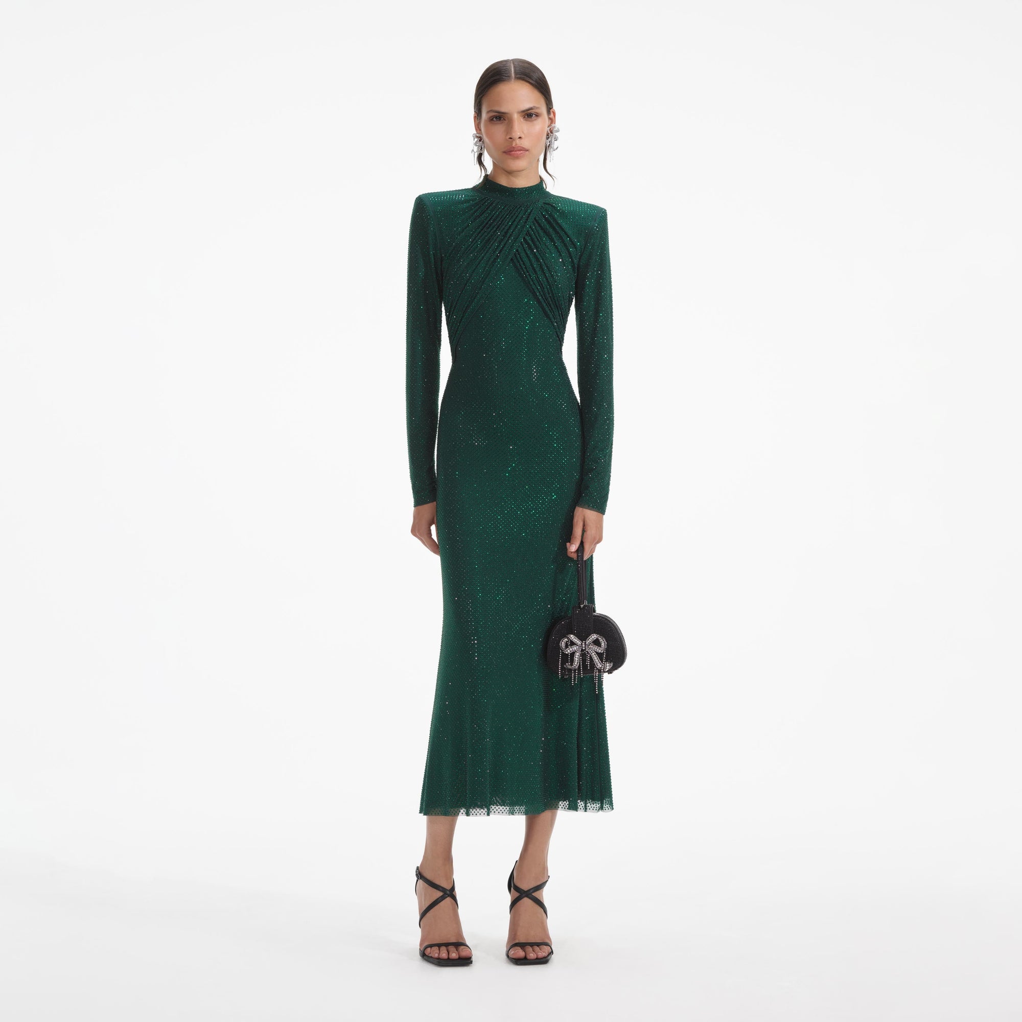Front view of a woman wearing the Green Rhinestone Mesh Midi Dress