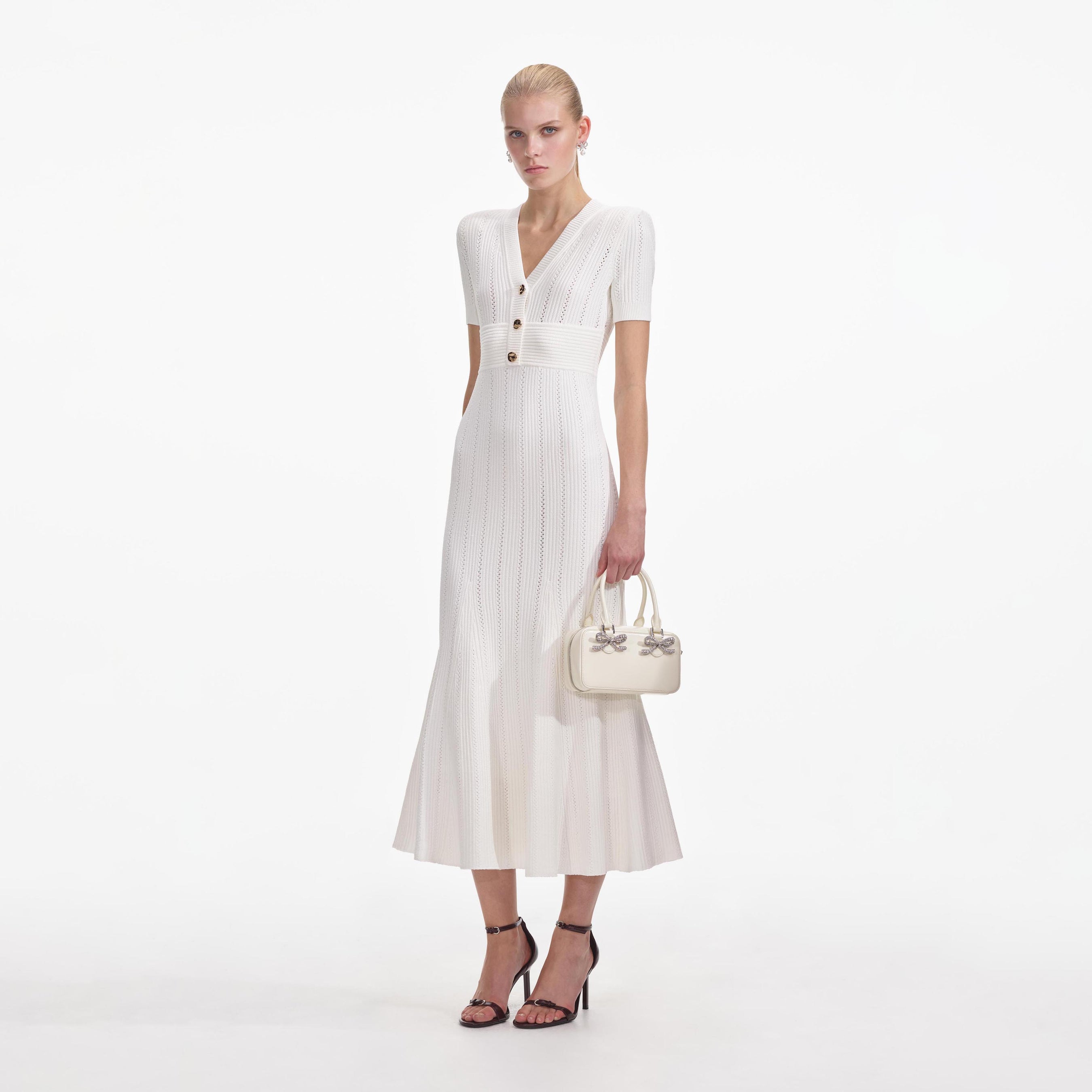 Cream Pointelle Knit Midi Dress