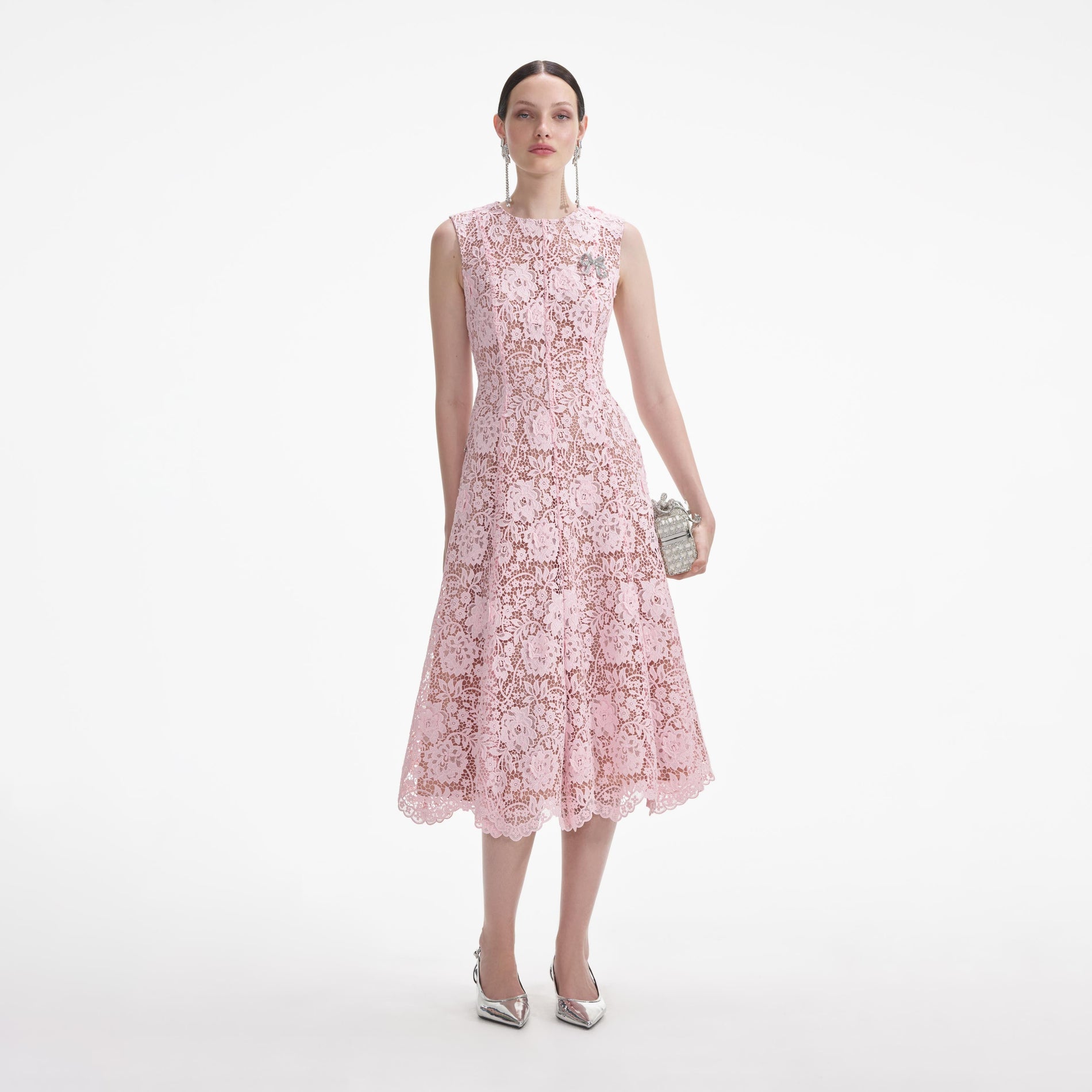 Front view of a woman wearing the Pink Flower Lace Midi Dress