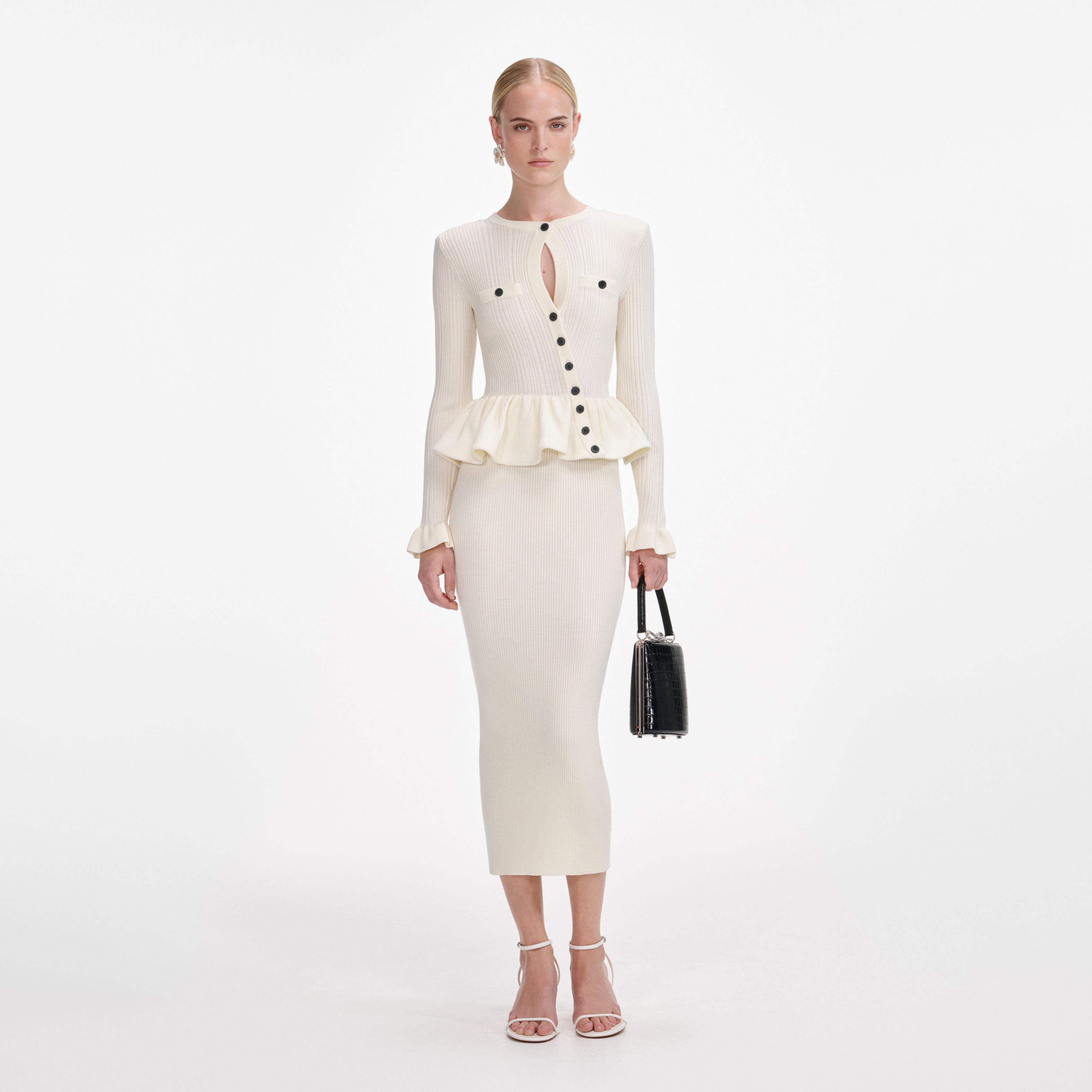 Cream Asymmetric Knit Midi Dress