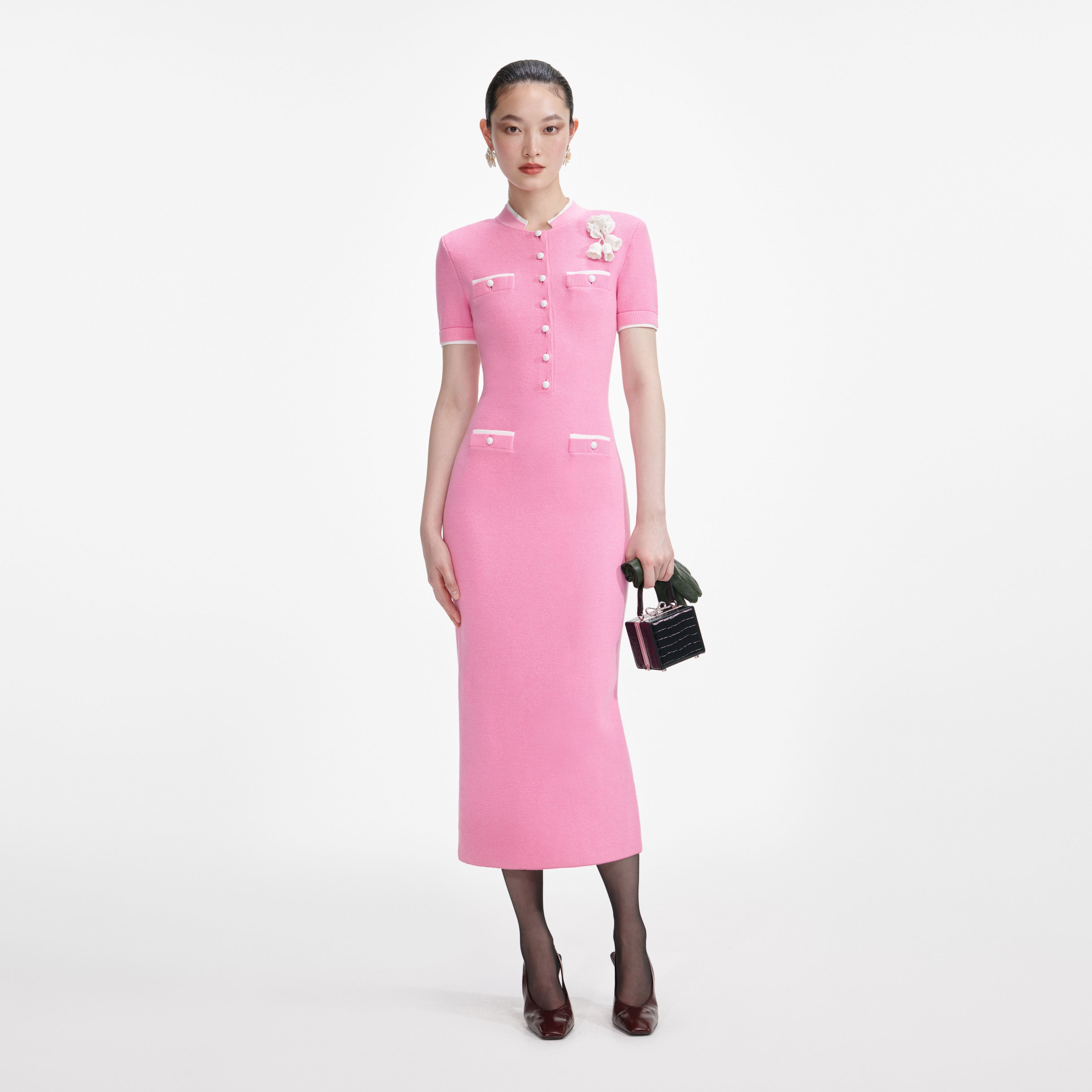 Pink Crochet Flower Knit Midi Dress