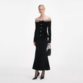 Black Chenille Knit Crystal Trim Midi Dress