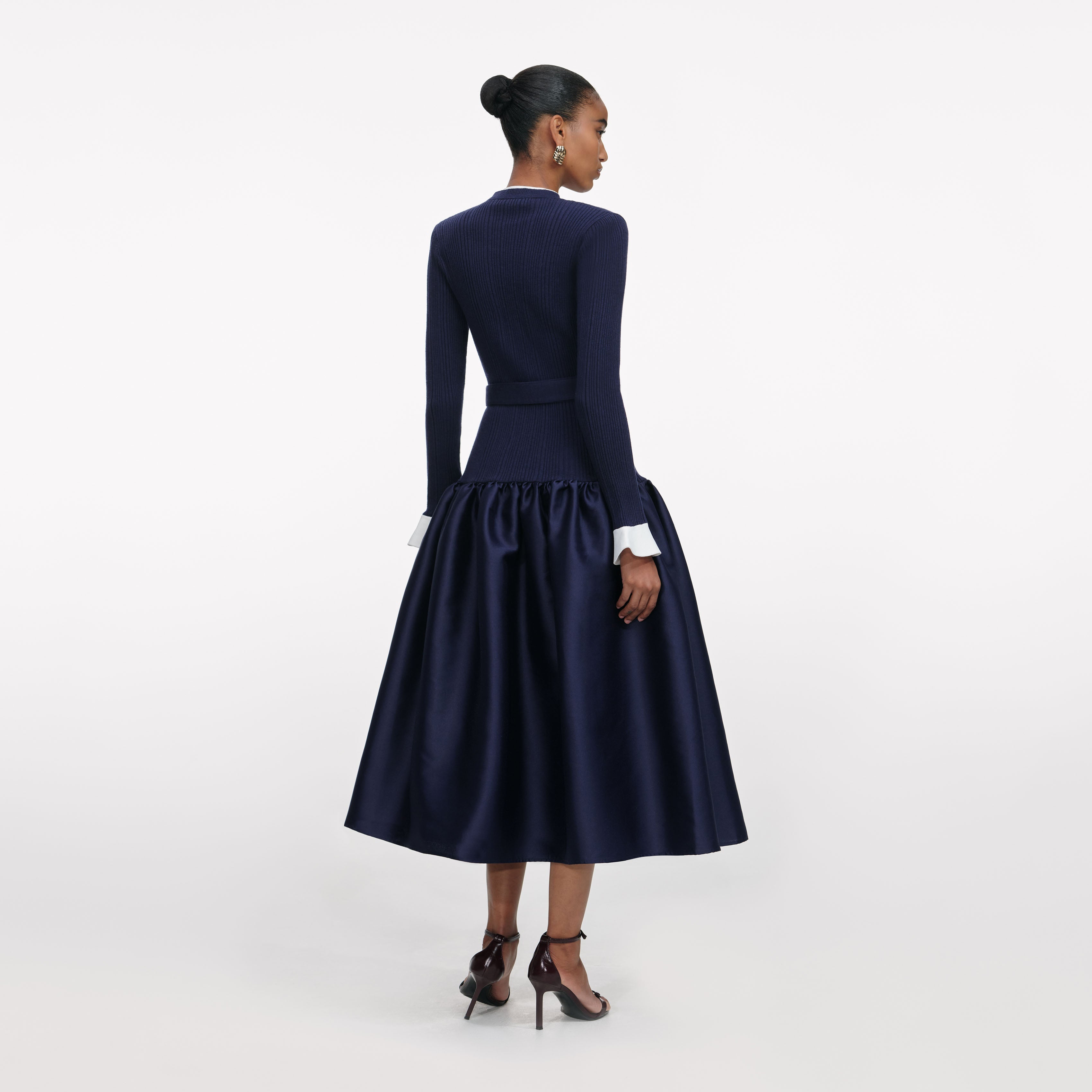Navy Knit Taffeta Midi Dress