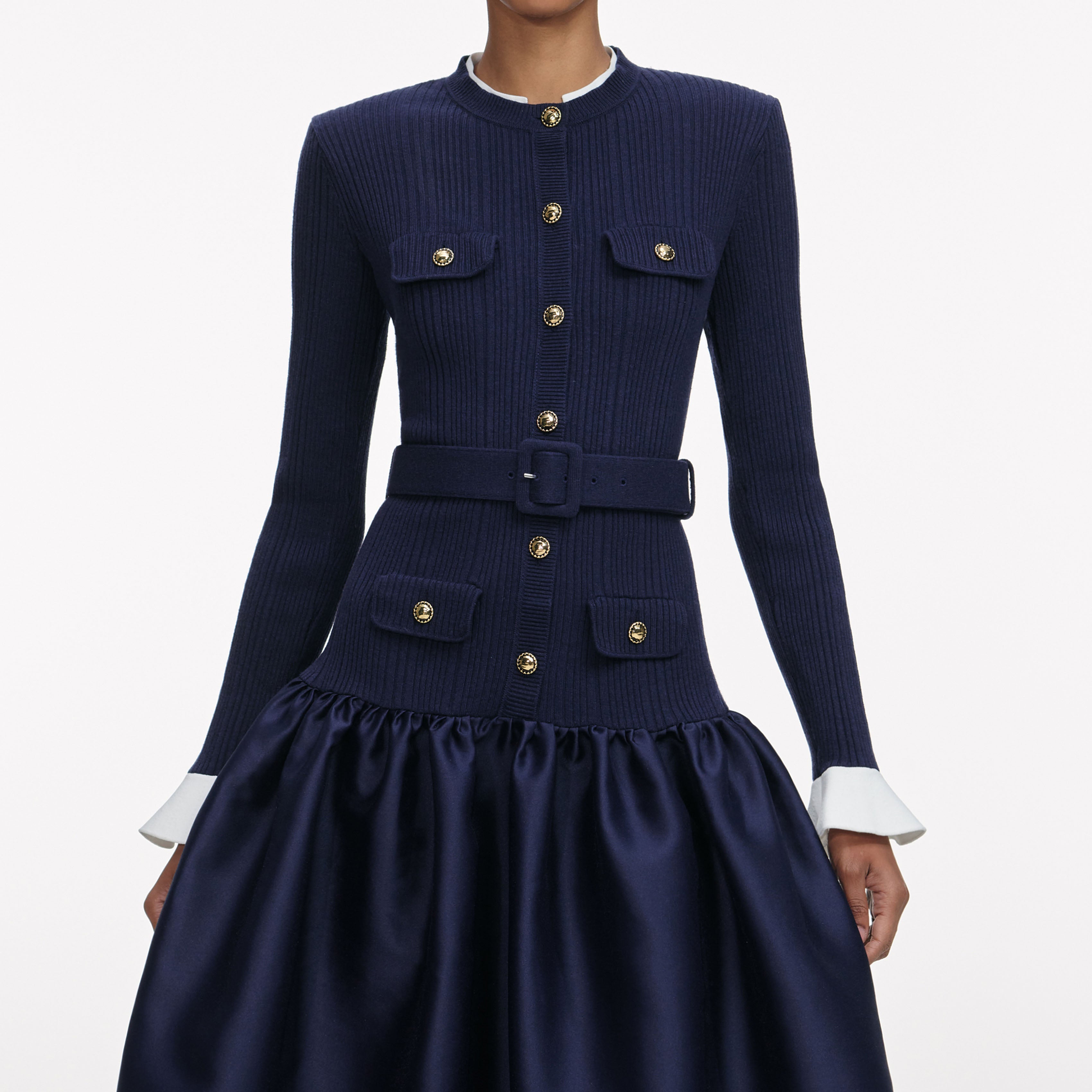 Navy Knit Taffeta Midi Dress