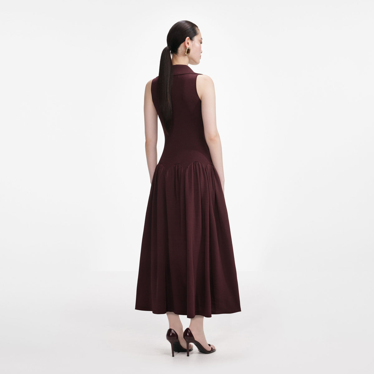 Brown Ribbed Collared Knit Midi Dress – self-portrait-EU