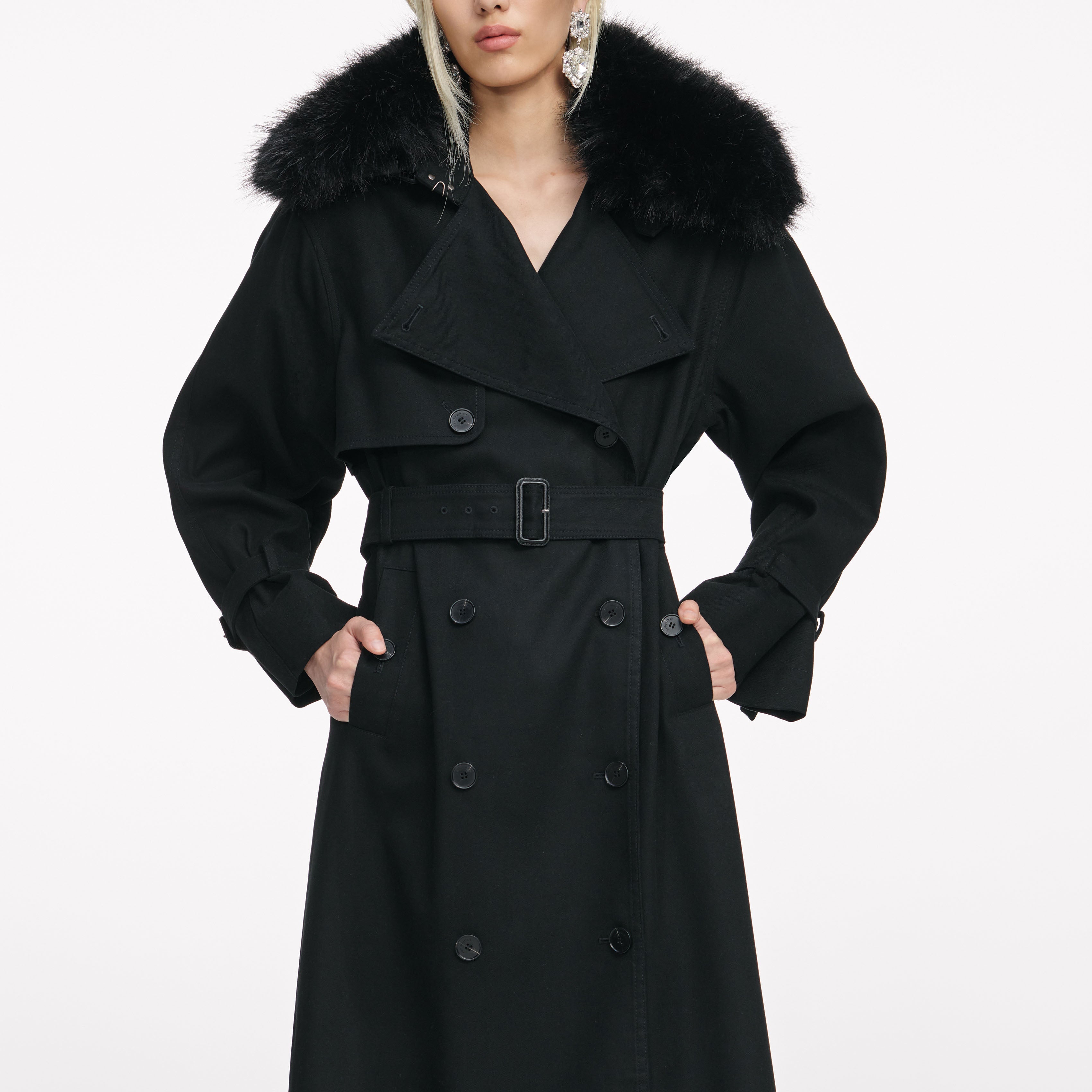 Black Twill Fur Collar Trench Coat – self-portrait-EU