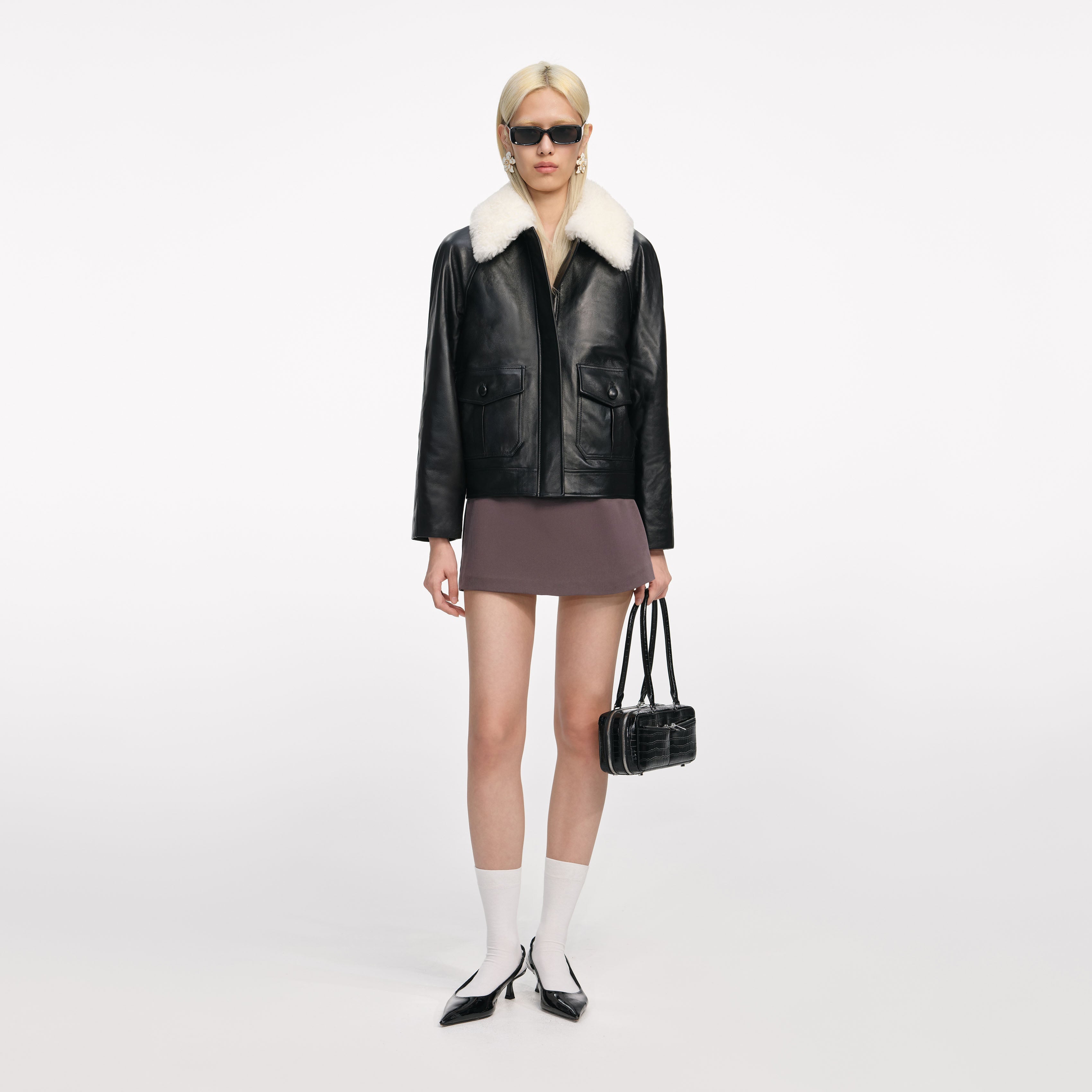 Black Leather Fur Collar Jacket