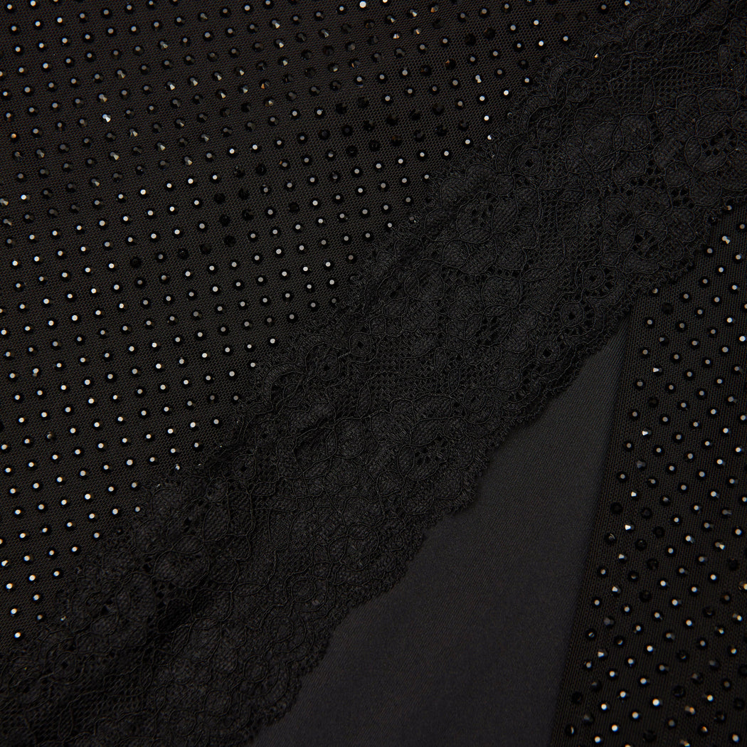 A close up of the fabric for the Black Rhinestone Midi Skirt