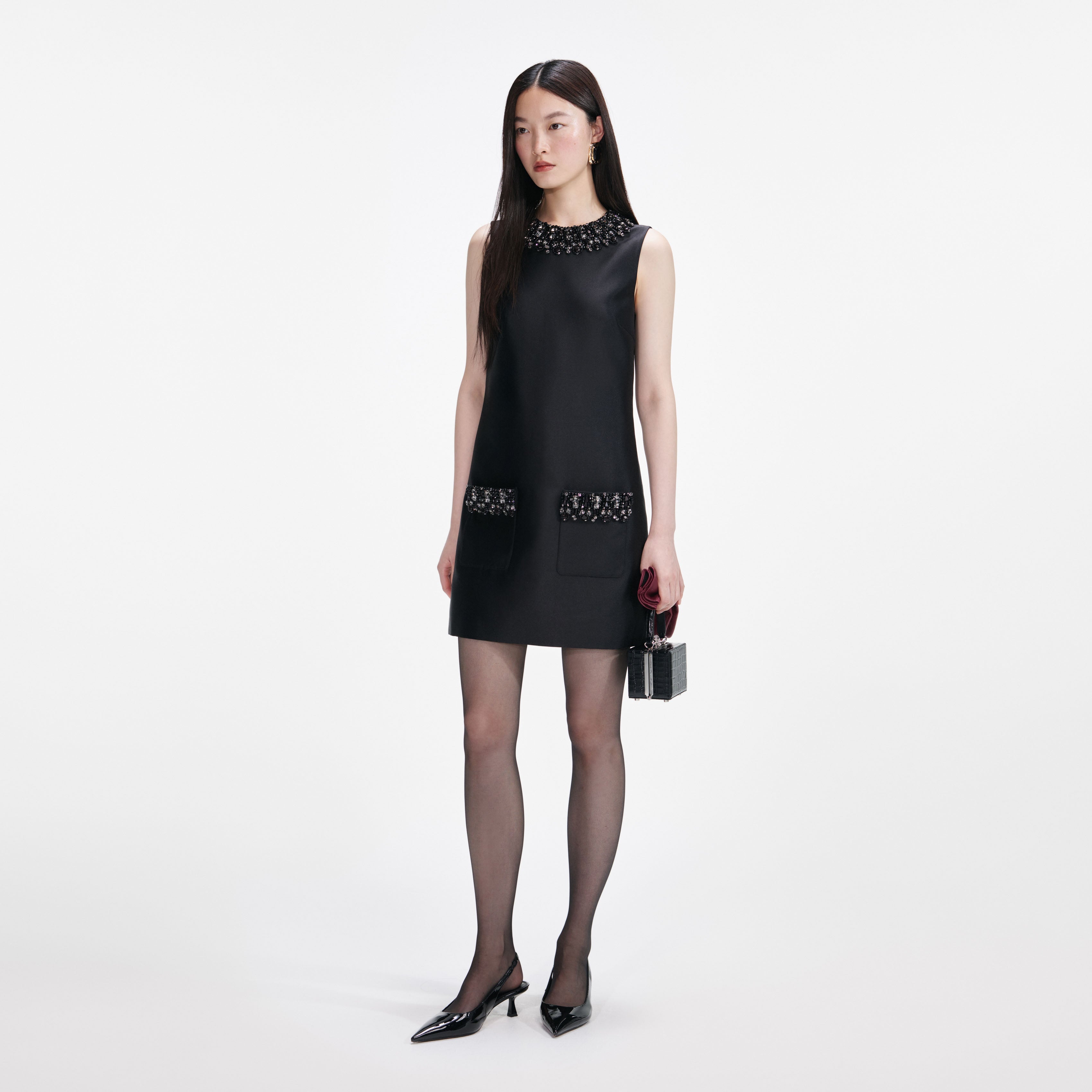 Black Taffeta Embellished Trim Mini Dress self-portrait-EU Black Taffeta Embellished Trim Mini Dress self-portrait-EU
