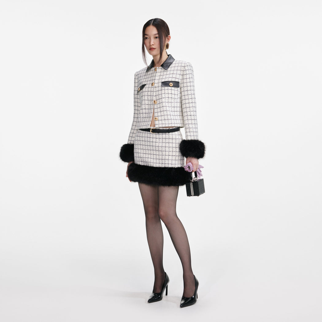 Check Boucle Fur Hem Mini Skirt