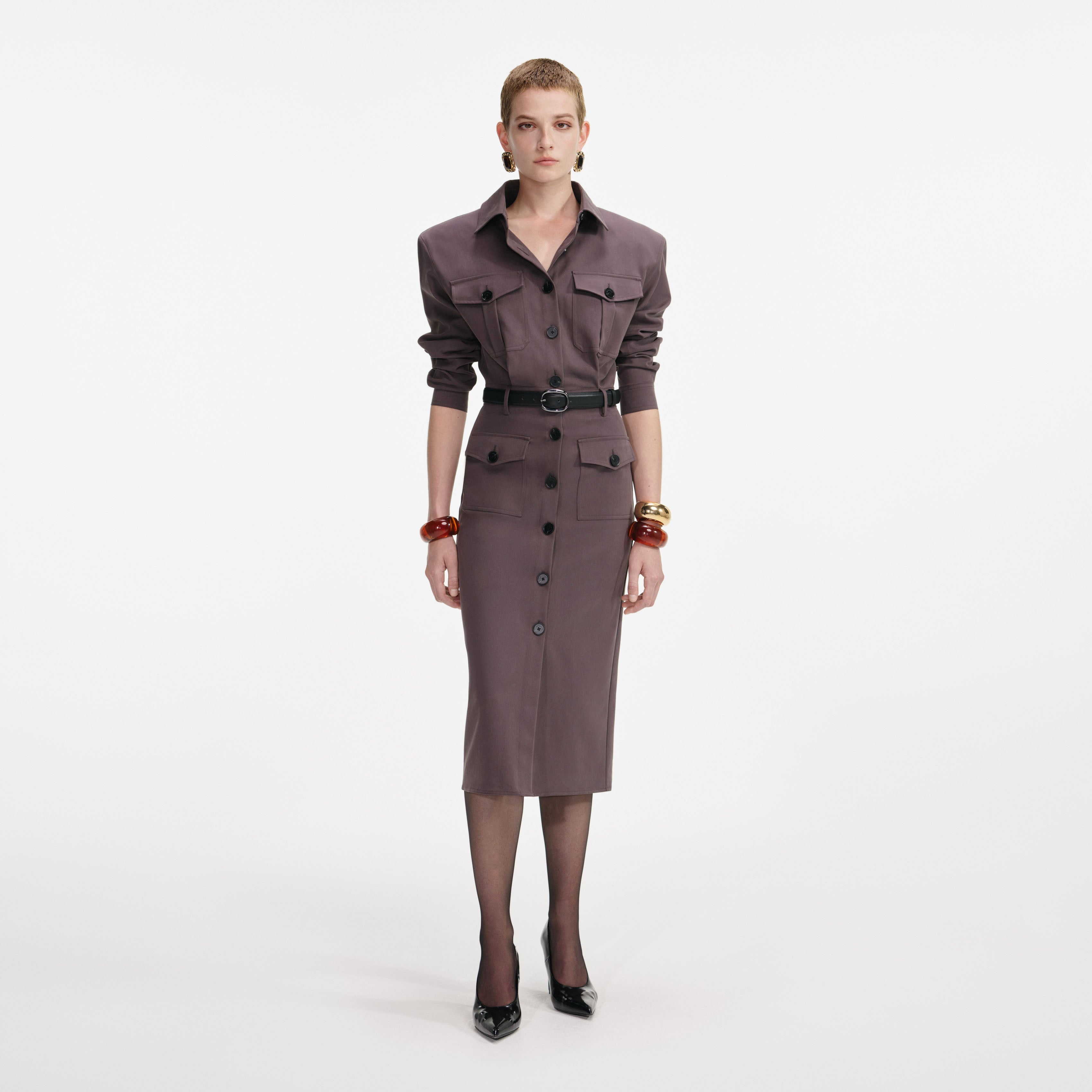 Brown Cotton Belted Midi Dress