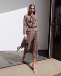 Brown Check Chiffon Midi Dress