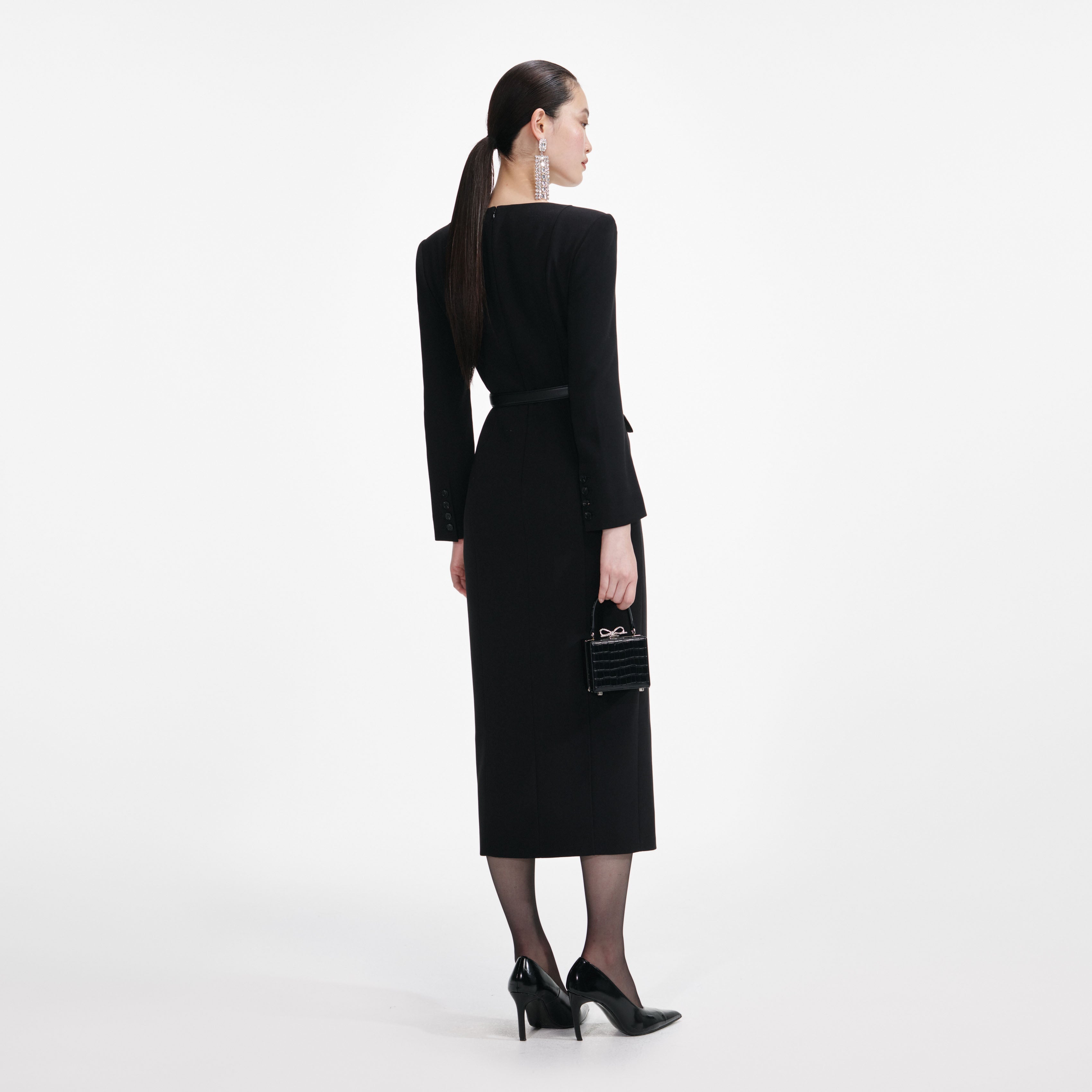Black Tailored Crepe Midi Dress