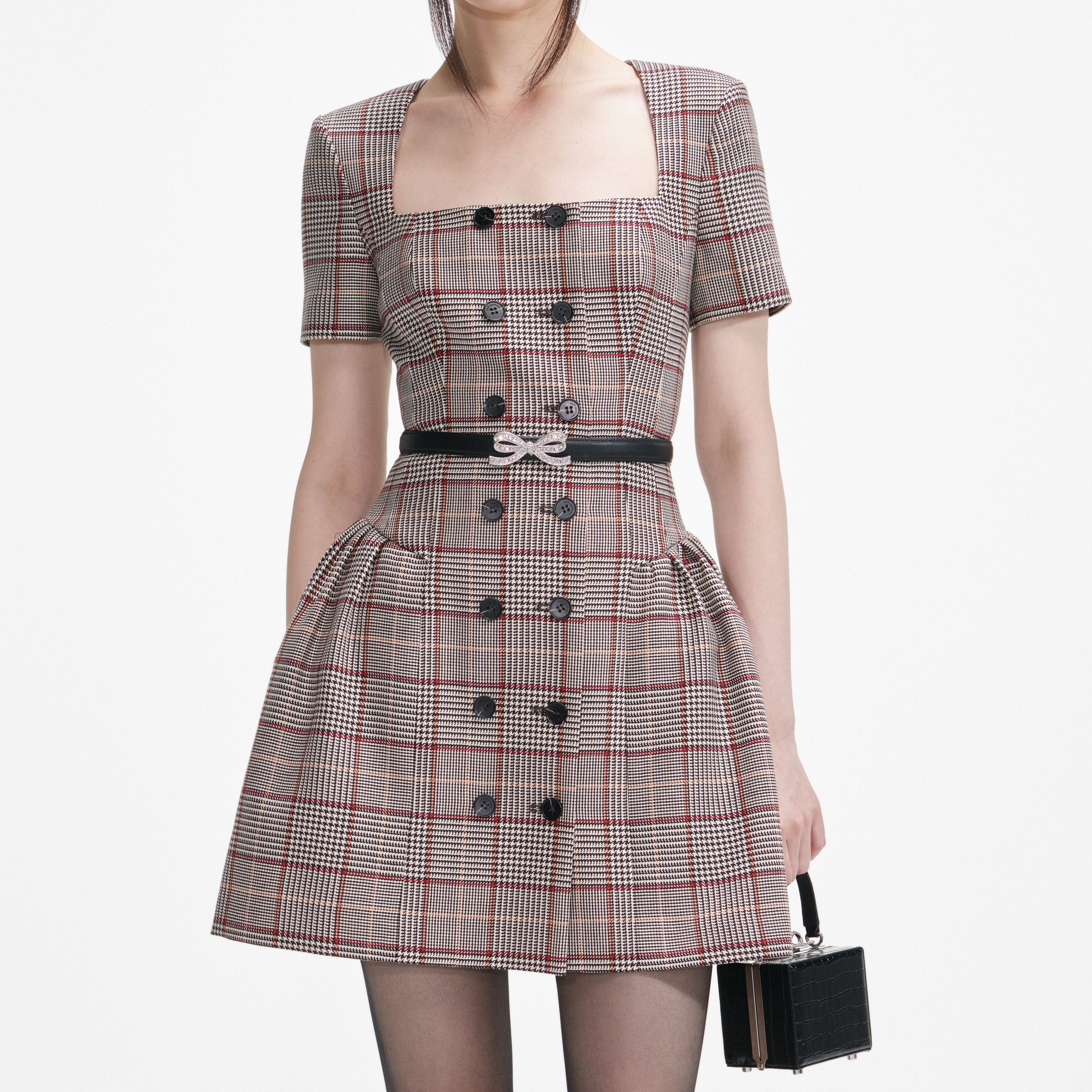 Brown Check Short Sleeve Mini Dress – self-portrait-EU