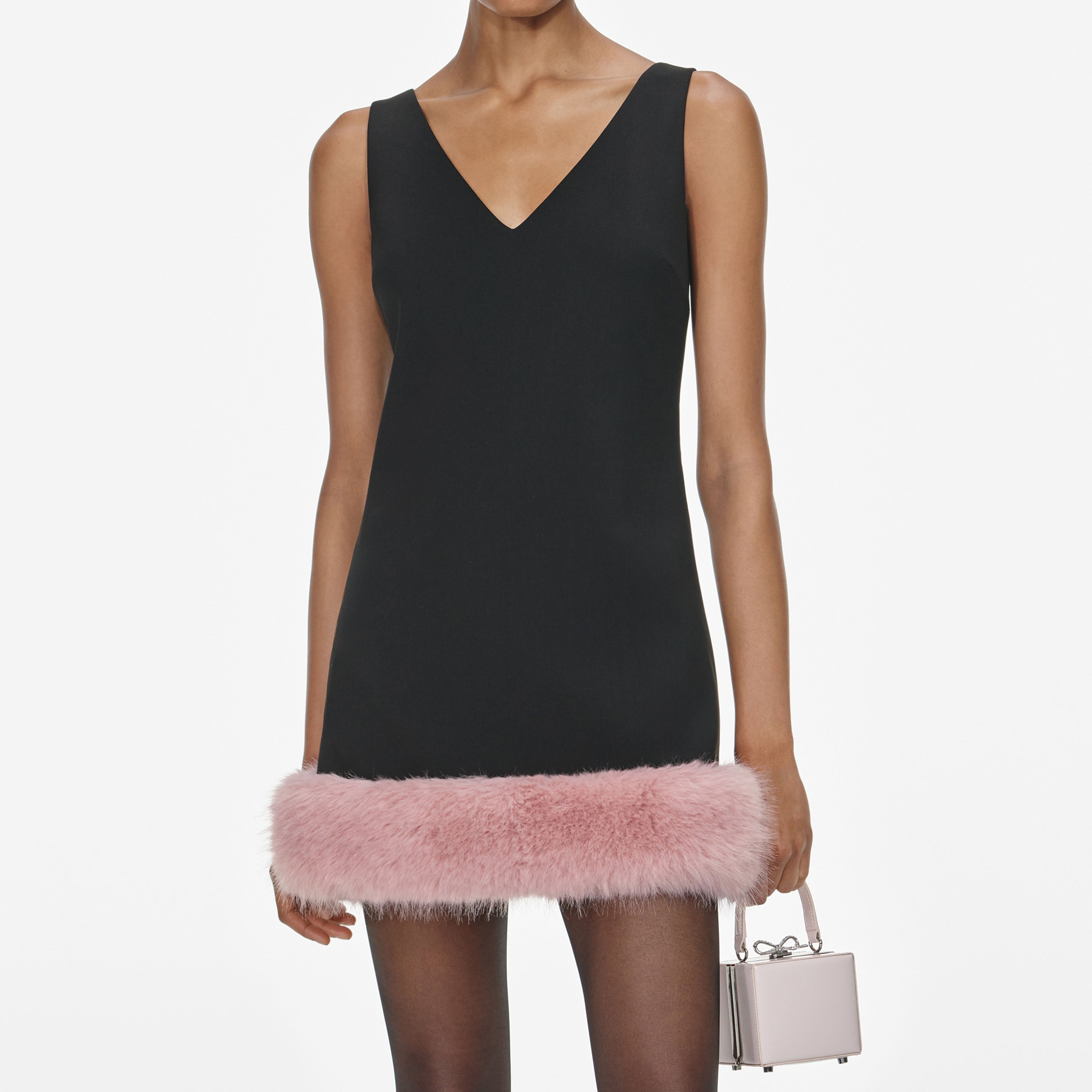 Black Crepe Fur Hem Mini Dress