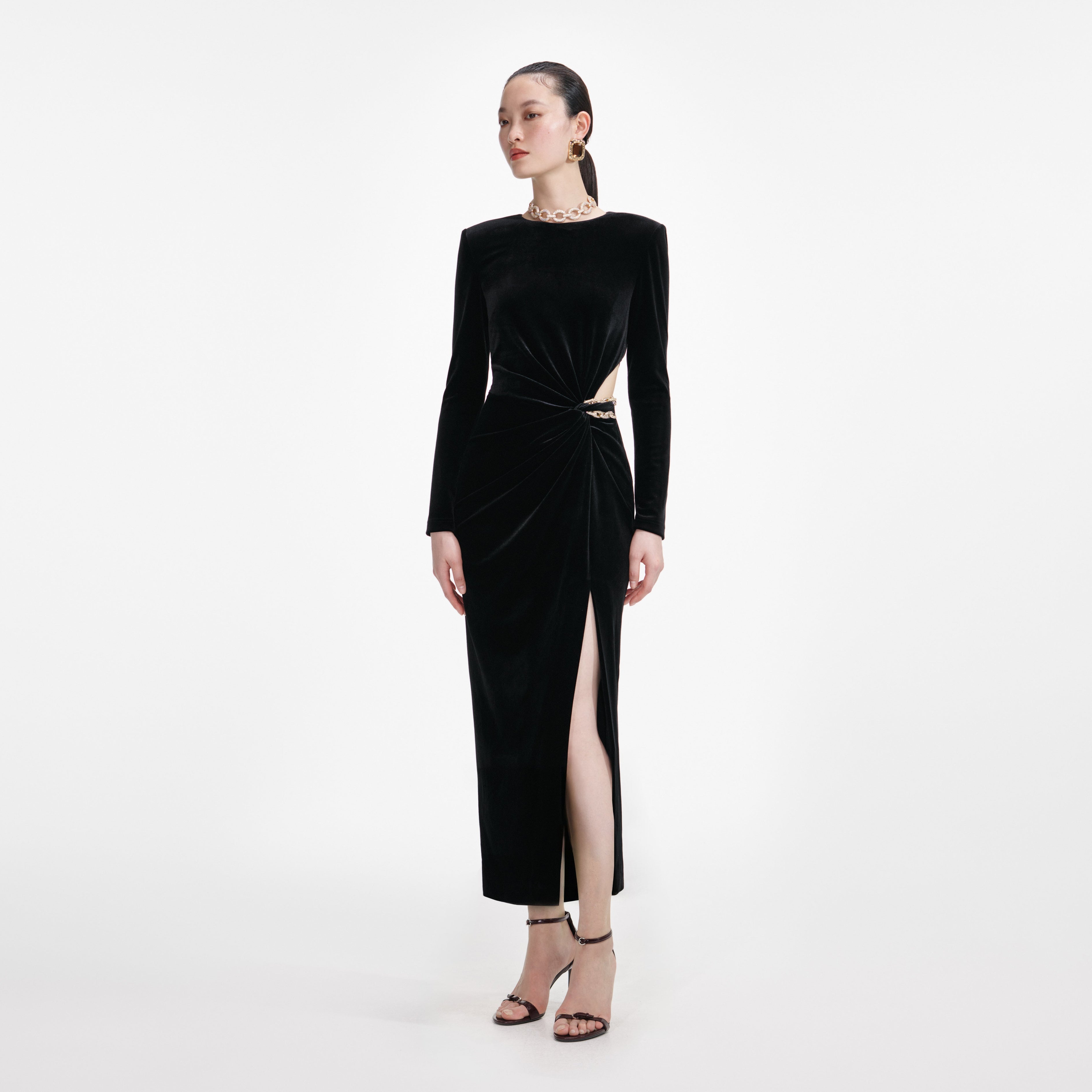 Black Velvet Embellished Midi Dress