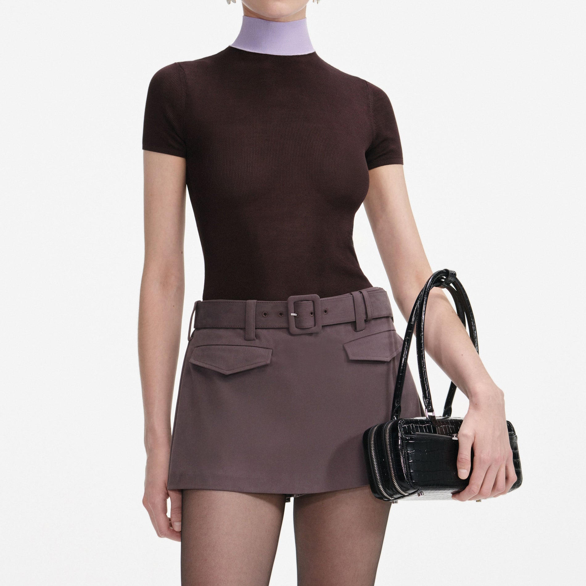 Brown Viscose Knit Short Sleeve Top