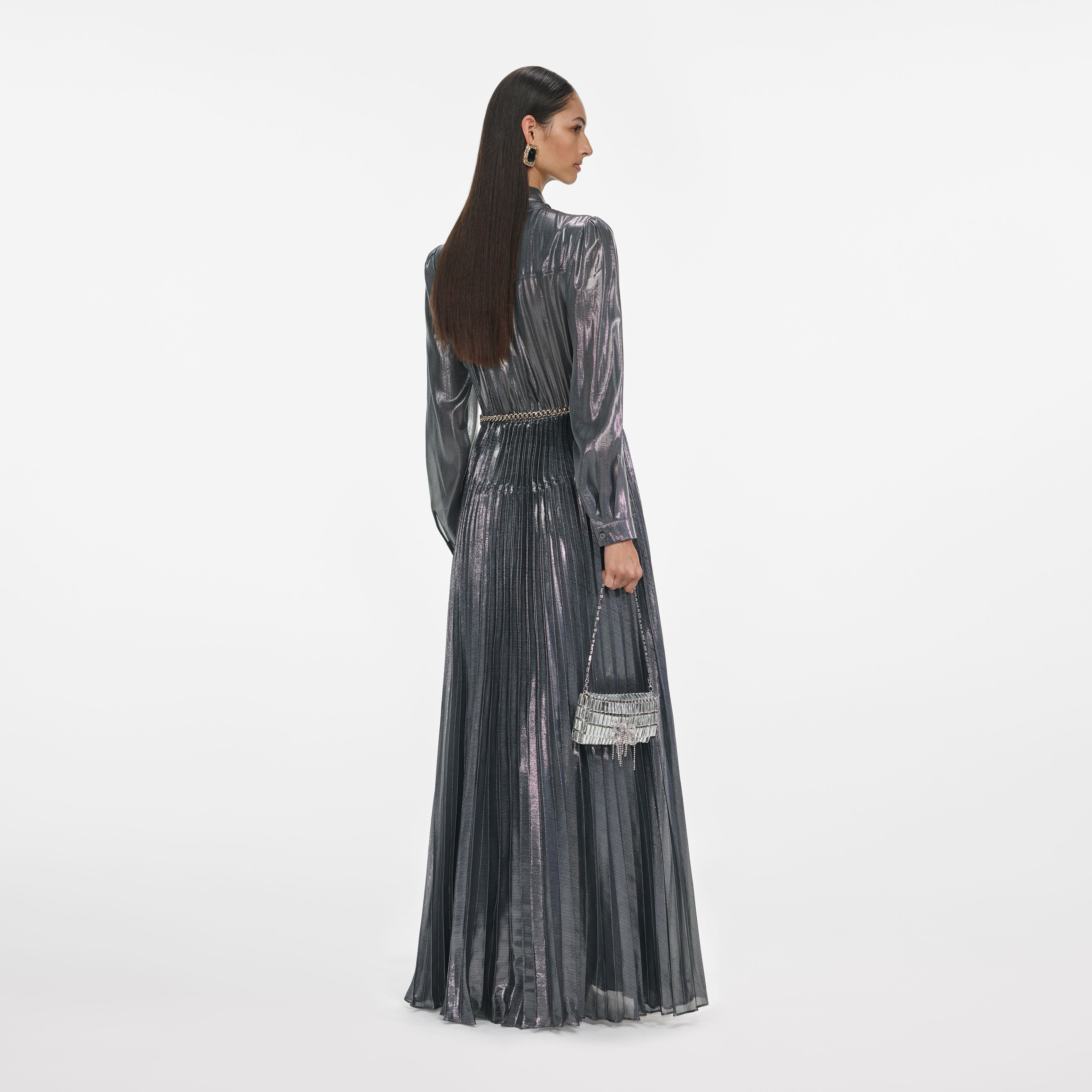 Grey Metallic Tie Neck Maxi Dress – self-portrait-EU
