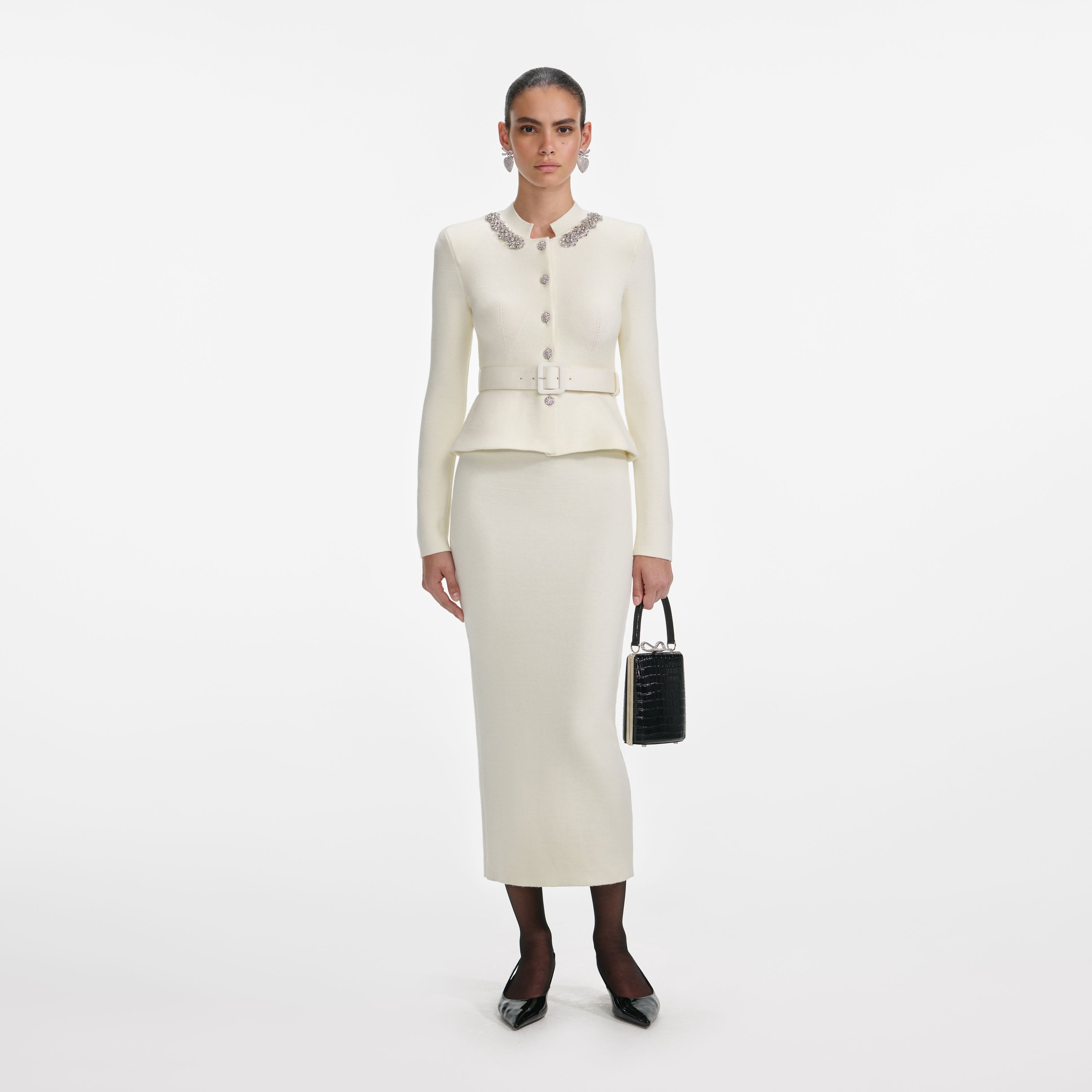 Cream Wool Peplum Knit Midi Dress