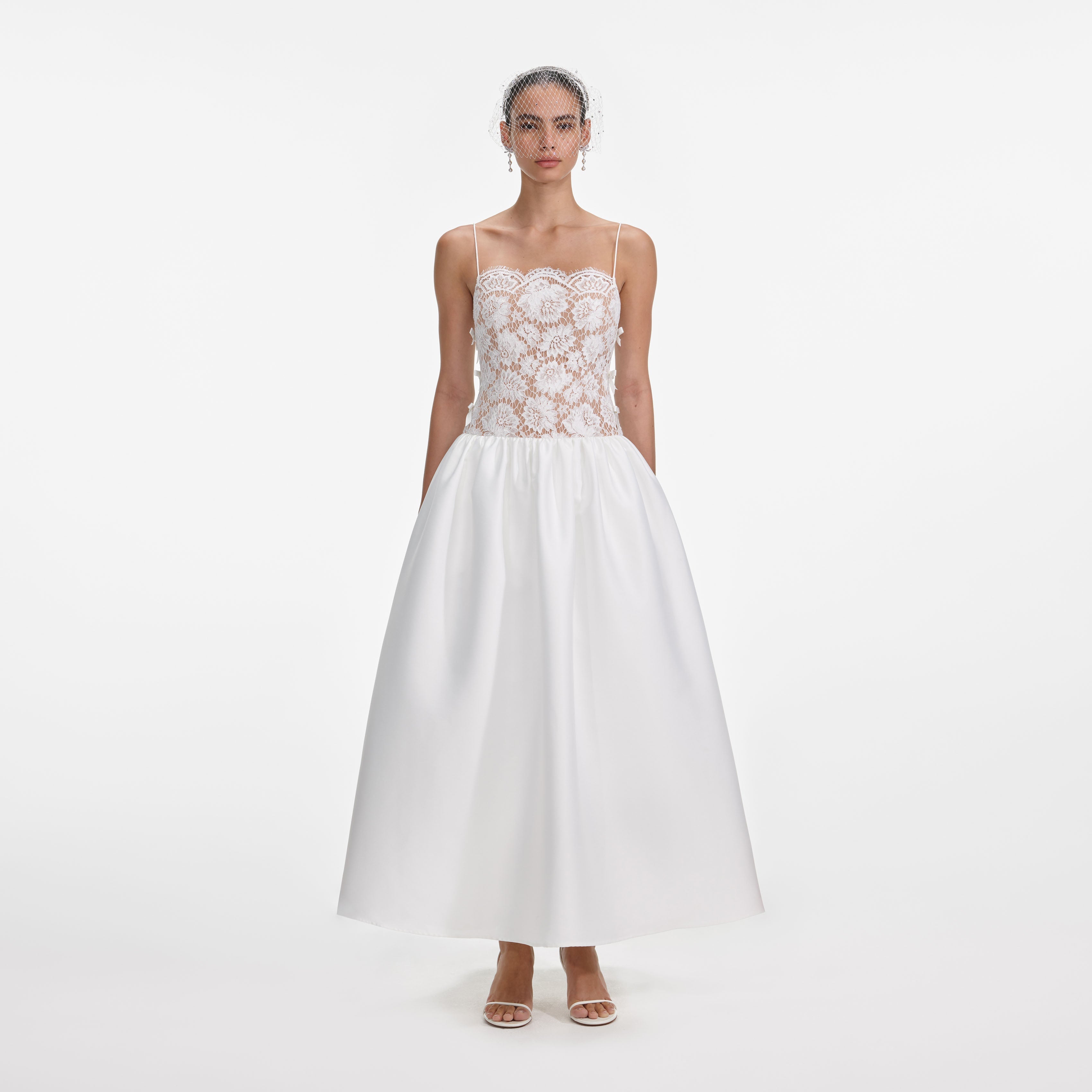 White Lace Taffeta Maxi Dress