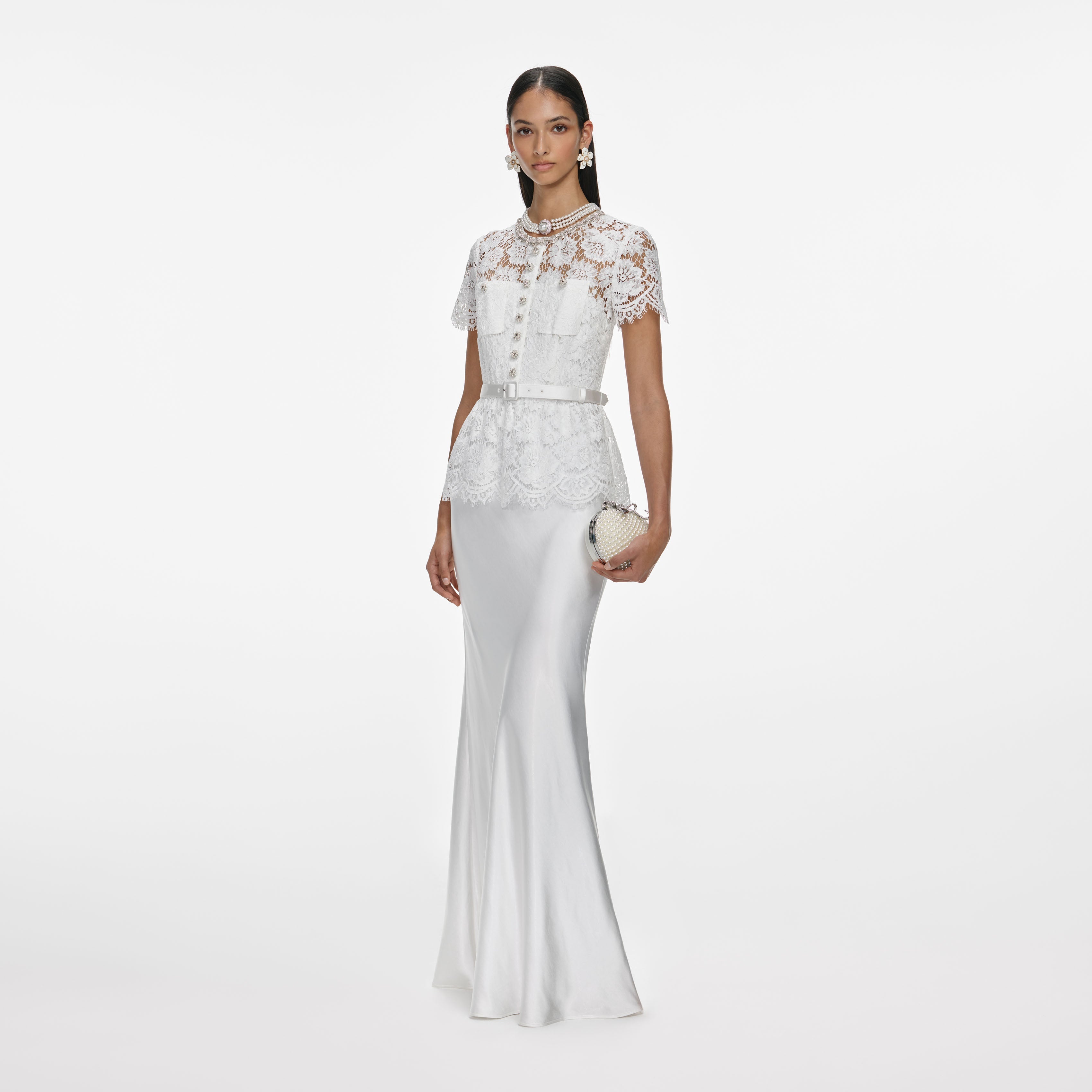 White Lace Satin Maxi Dress – self-portrait-EU