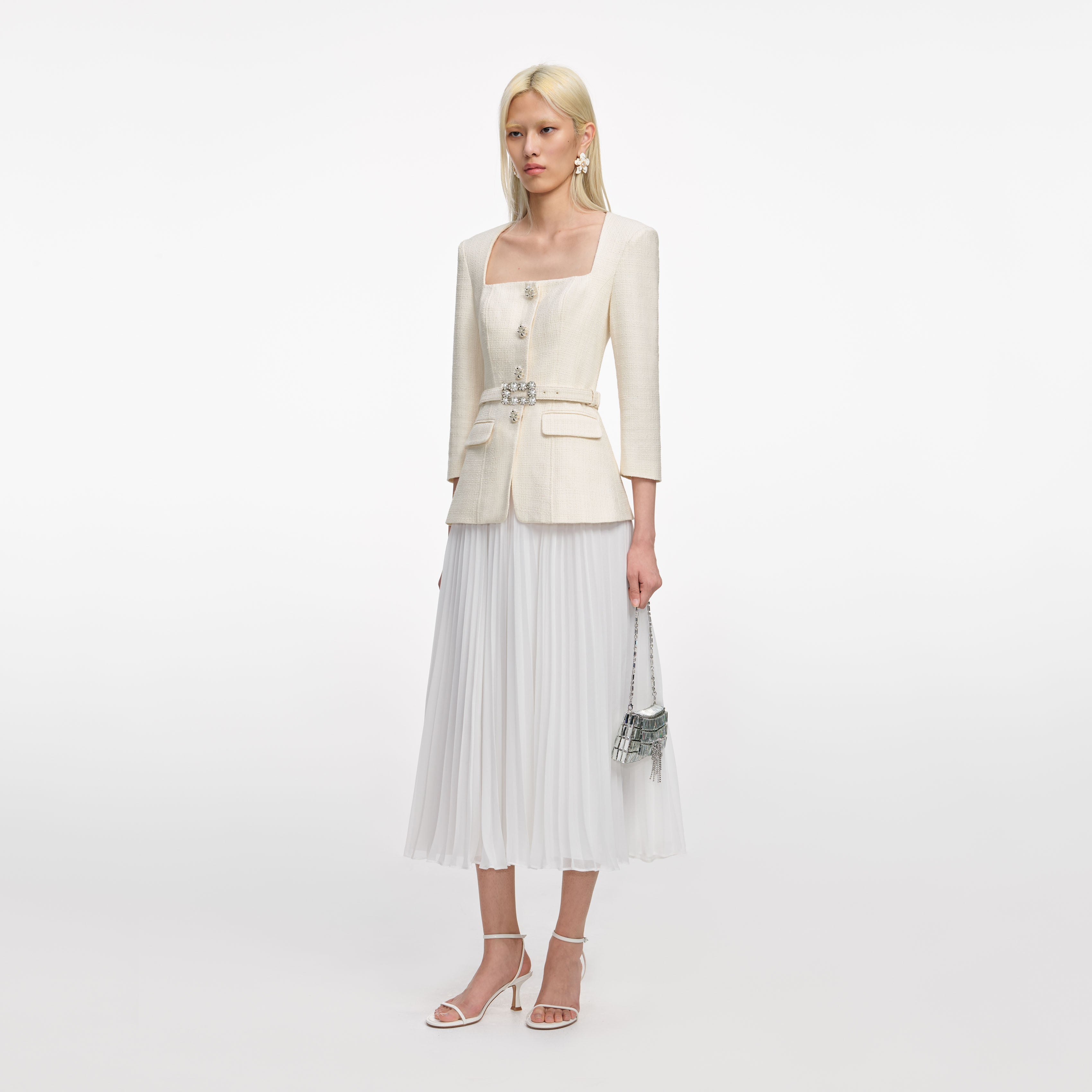 Cream Boucle Long Sleeve Chiffon Midi Dress