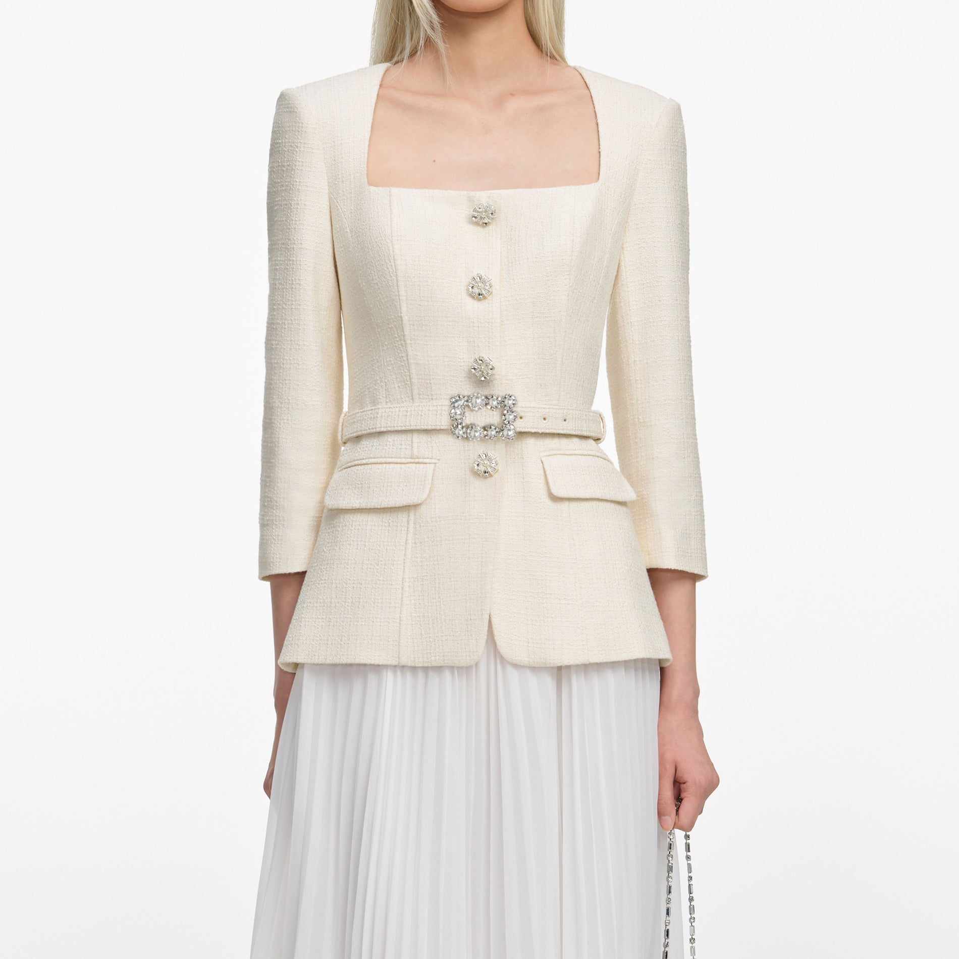 Cream Boucle Long Sleeve Chiffon Midi Dress