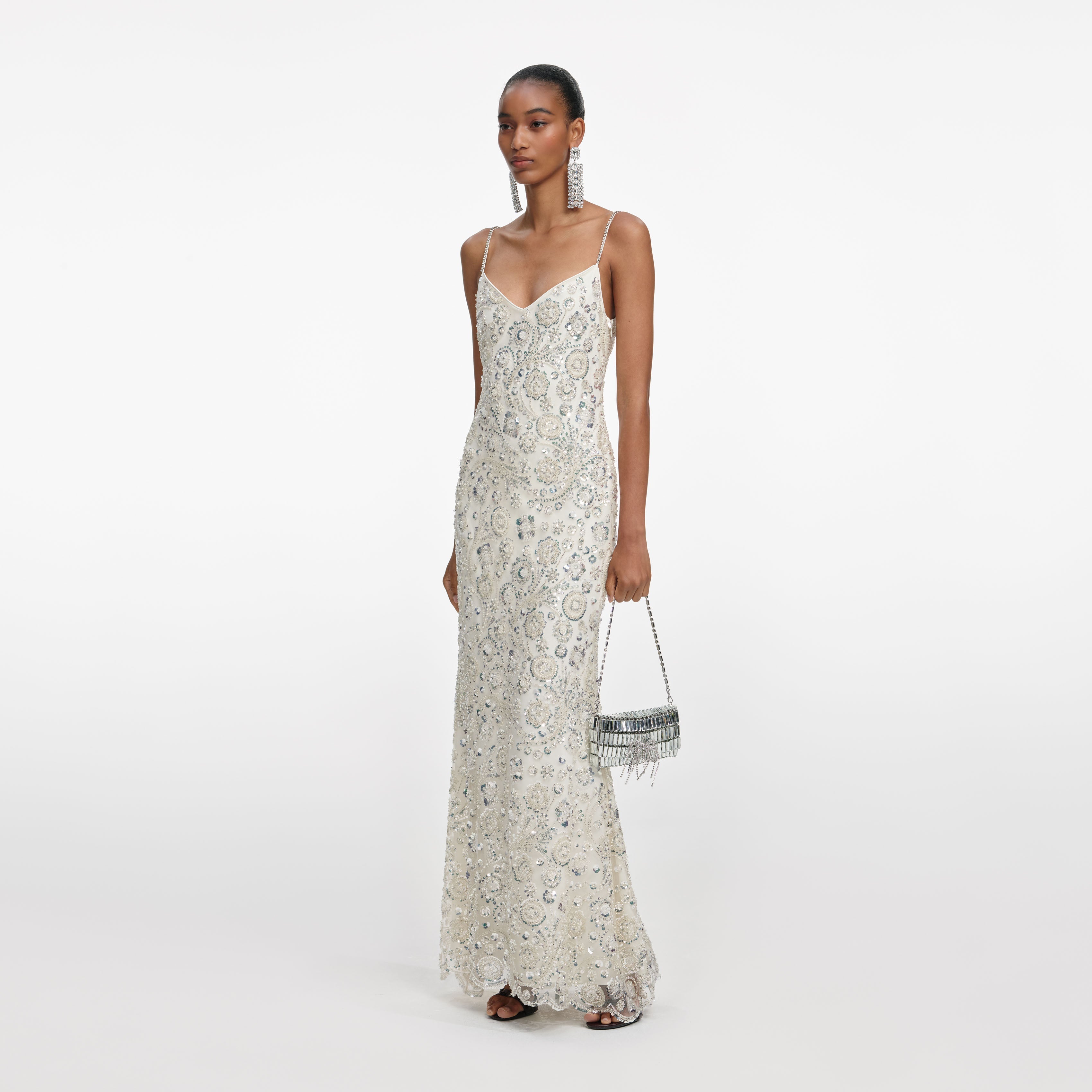 Cream Floral Sequin Maxi Dress