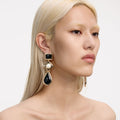 Black Enamel Gold Three Tiered Earrings