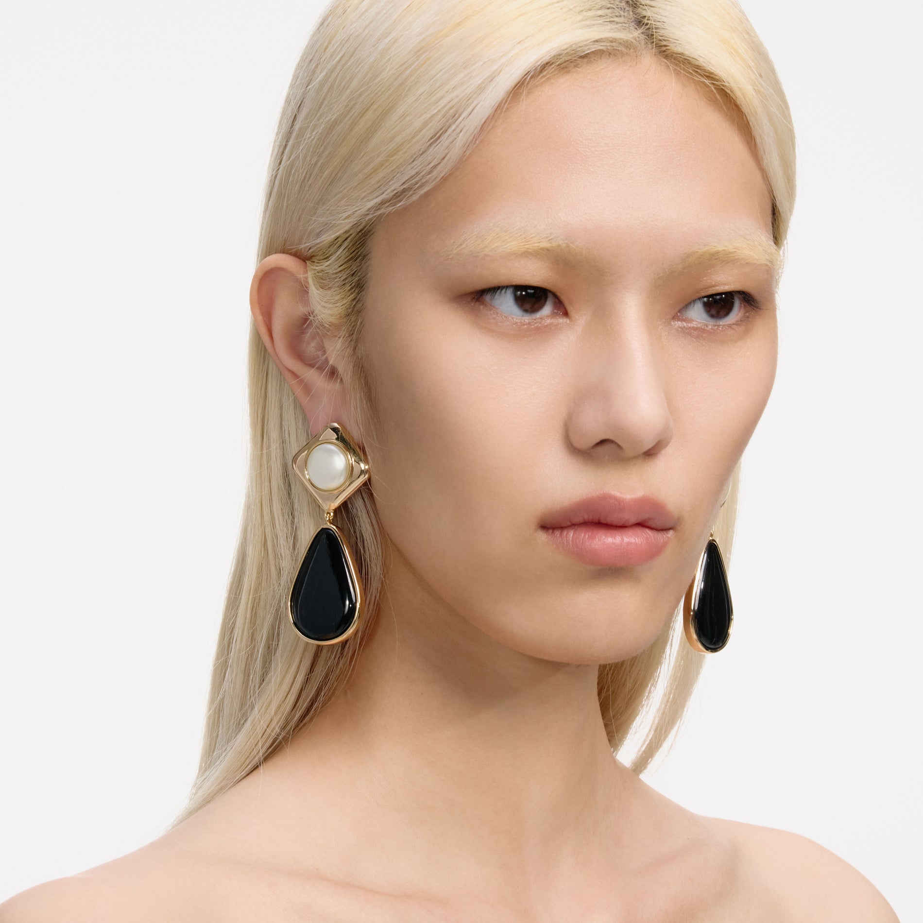 Black Enamel Gold Two Tiered Earrings