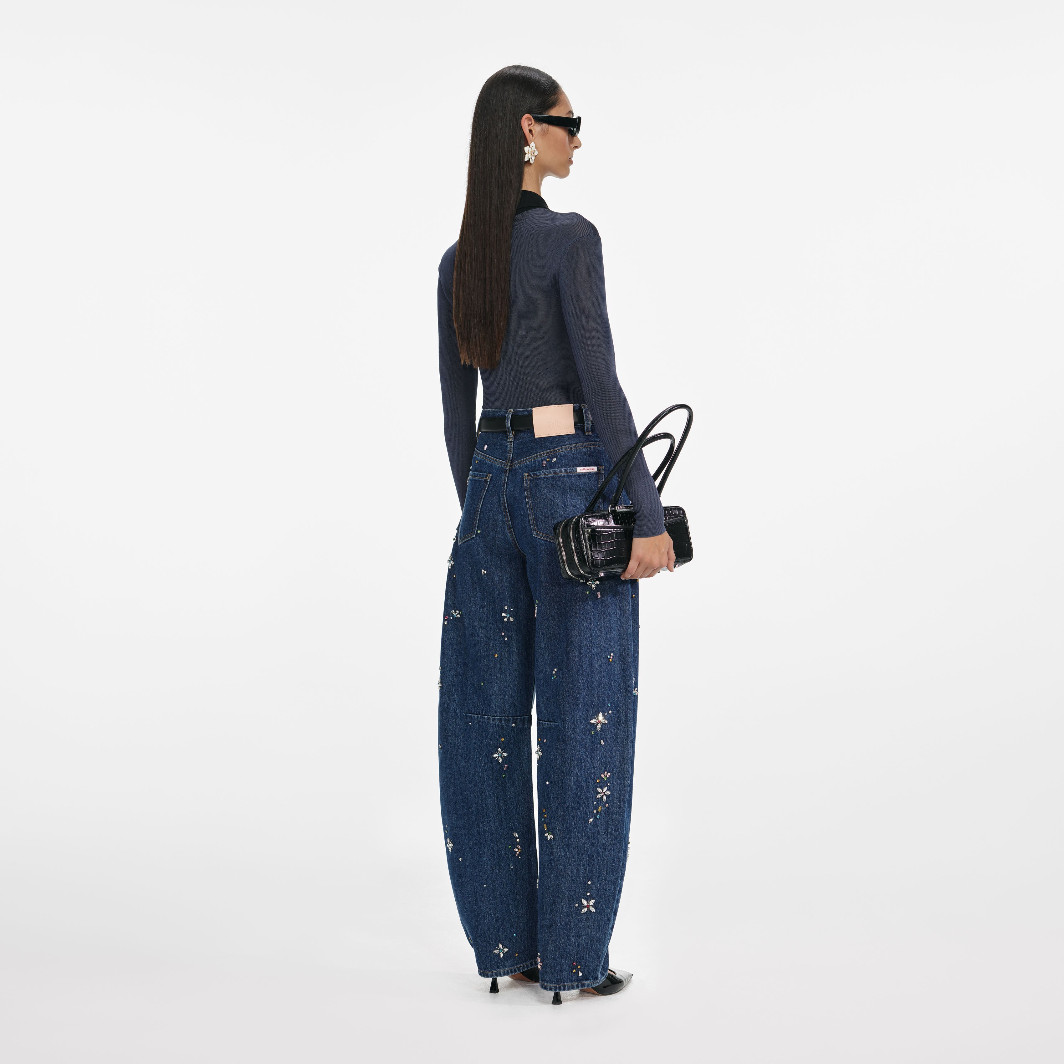 Blue Embellished Barrel Leg Jeans