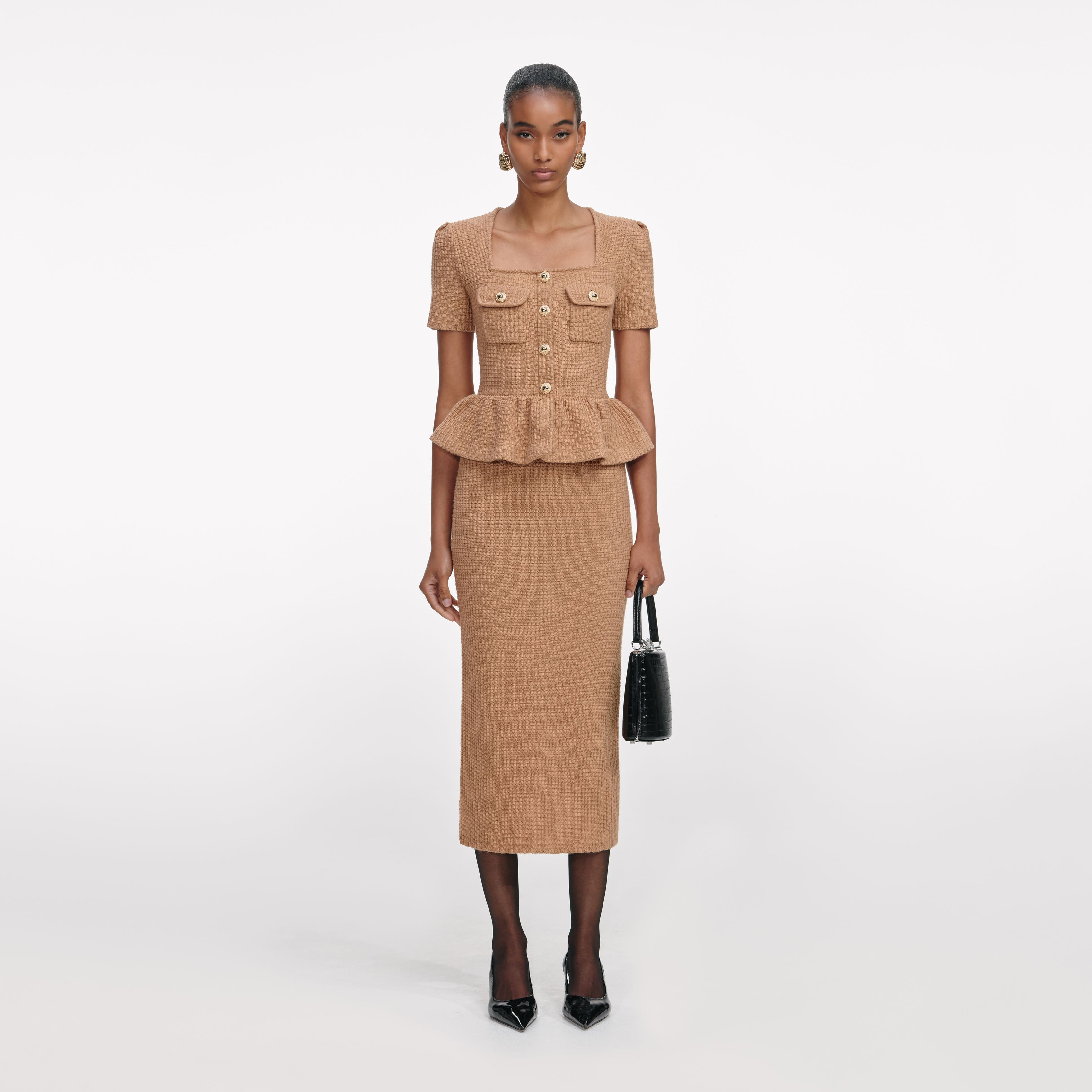 Camel Peplum Knit Midi Dress