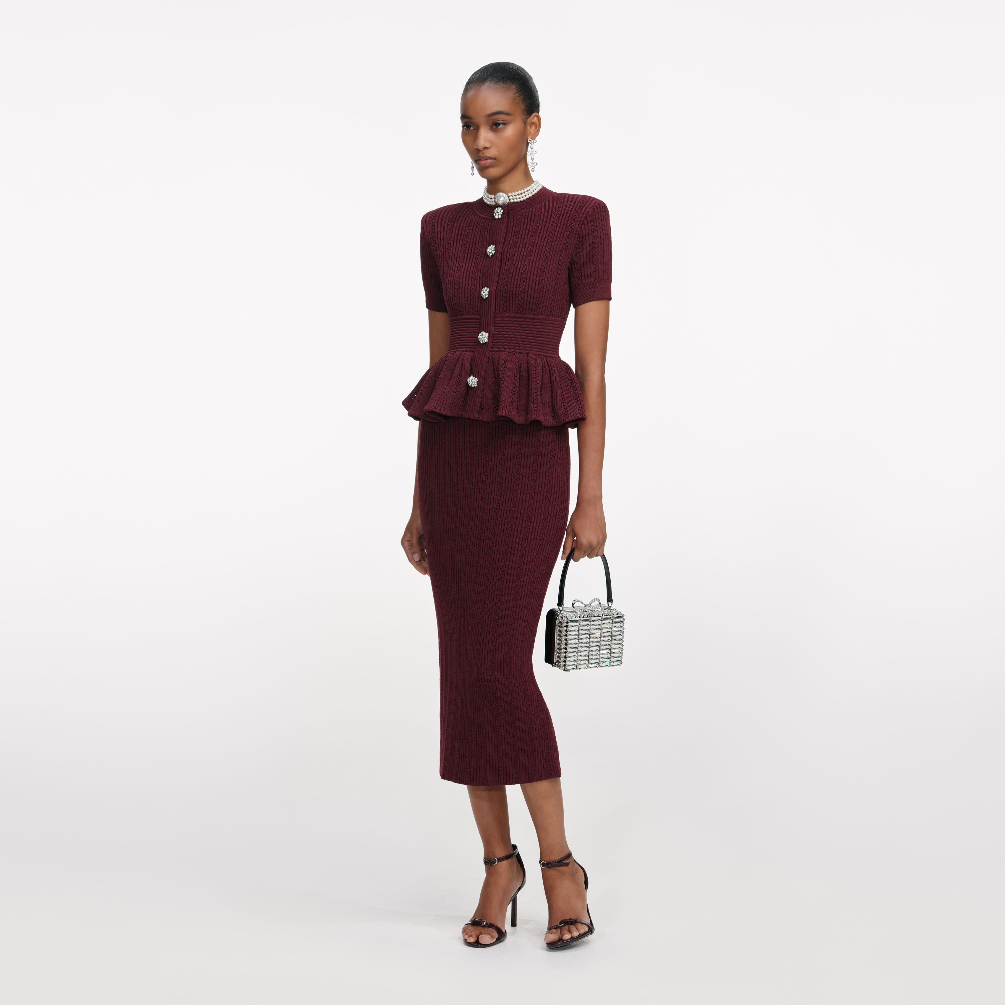 Burgundy Pointelle Knit Midi Dress