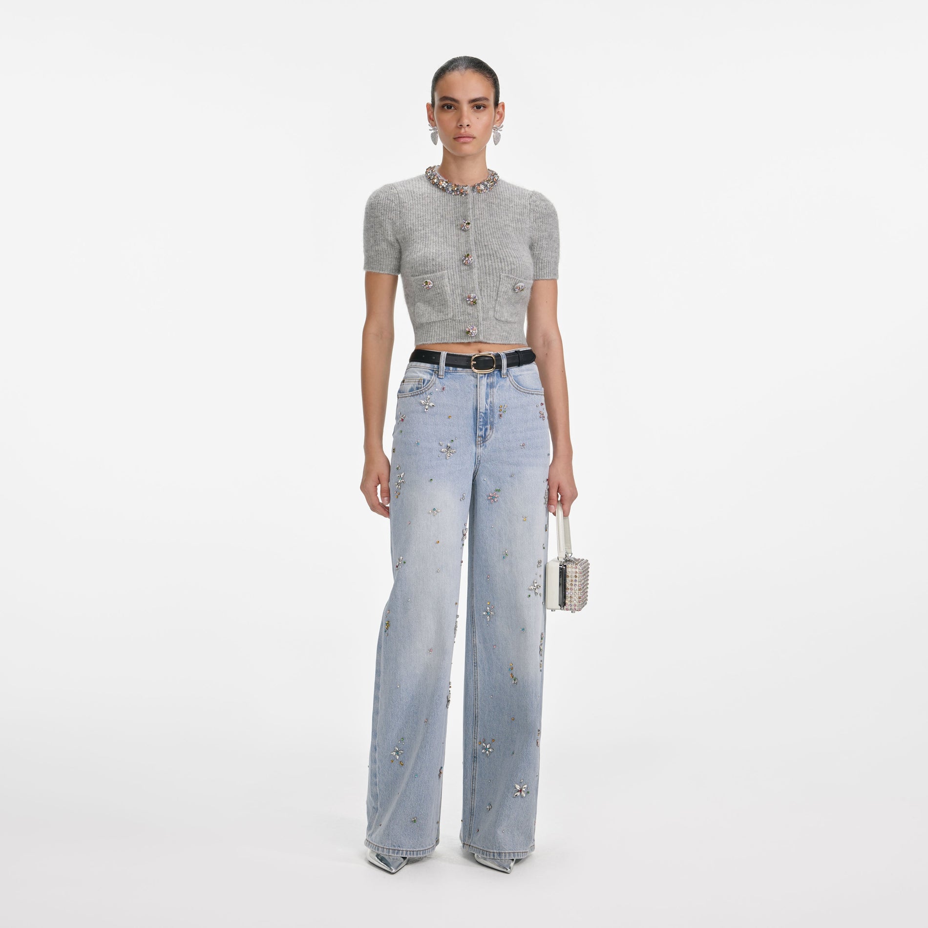 Grey Embellished Trim Knit Top