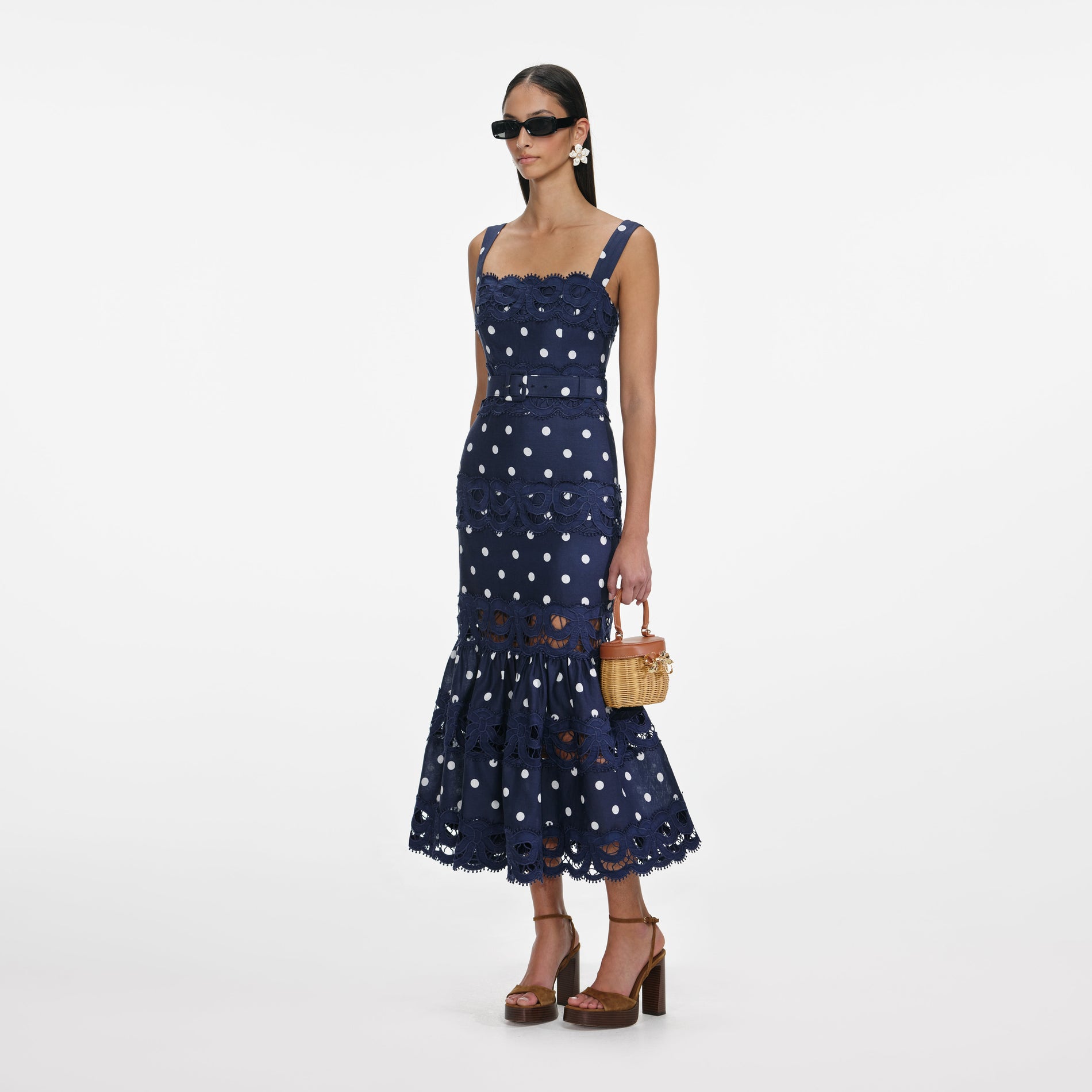 Navy Polka Dot Linen Midi Dress