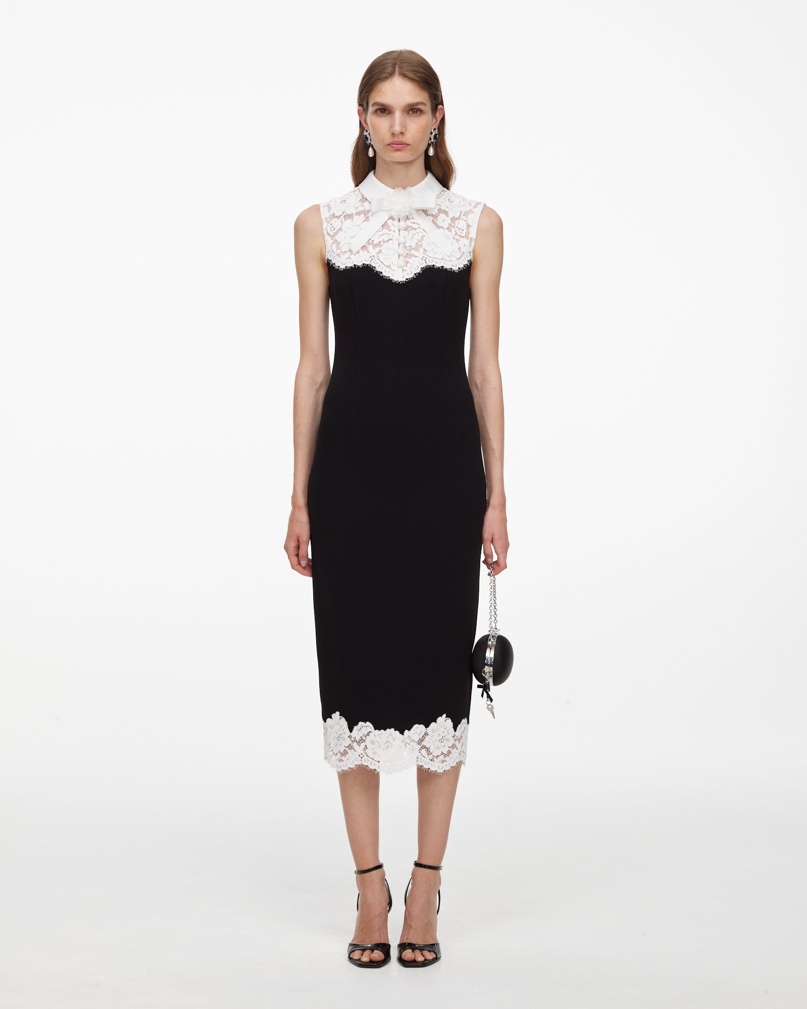 Black Contrast Lace Bodice Midi Dress