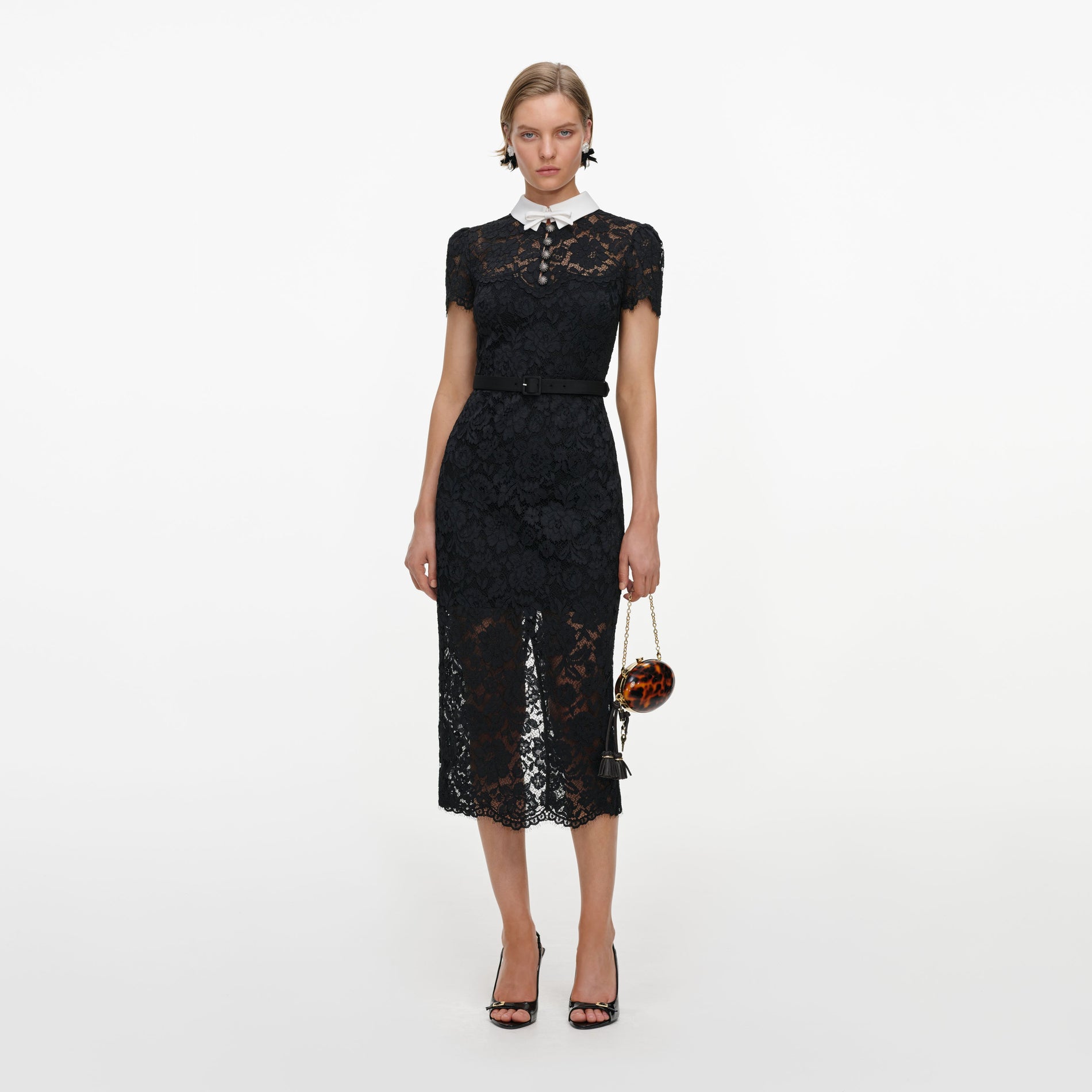 Black Lace Contrast Collar Midi Dress