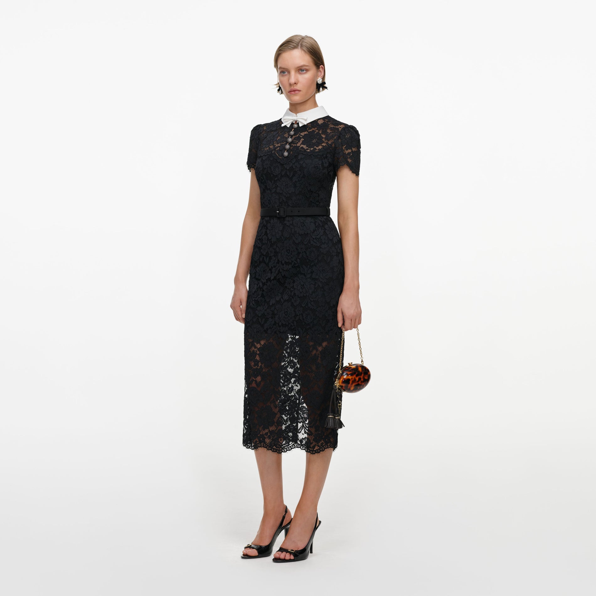 Black Lace Contrast Collar Midi Dress