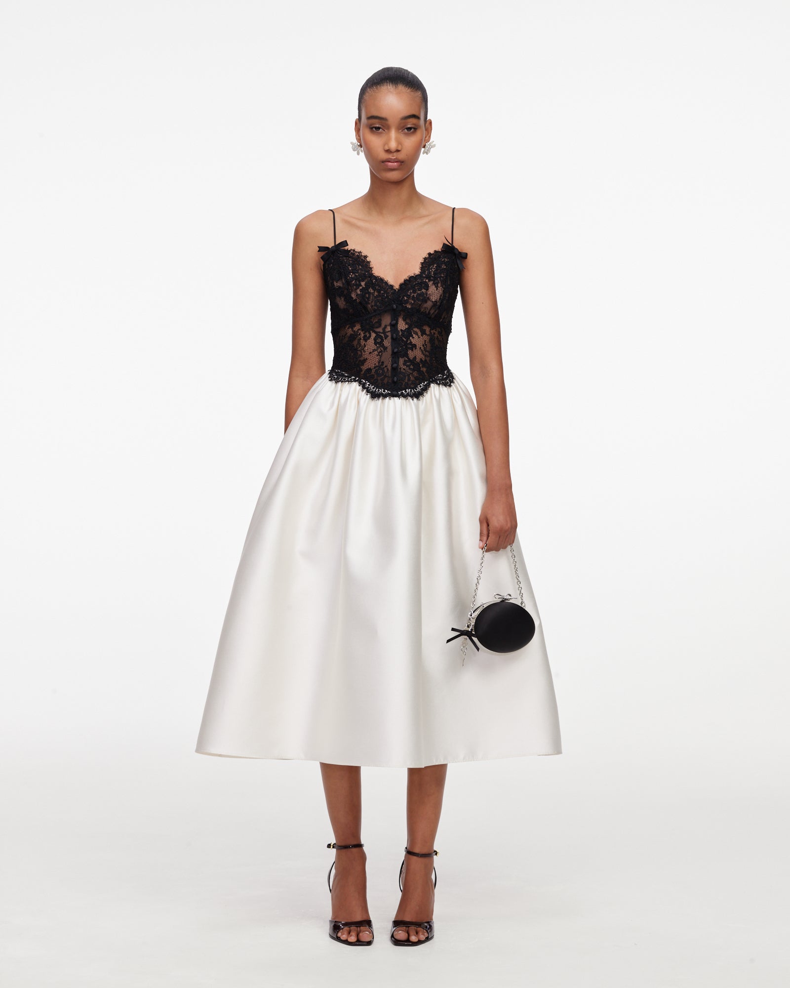 Cream Taffeta Contrast Lace Midi Dress