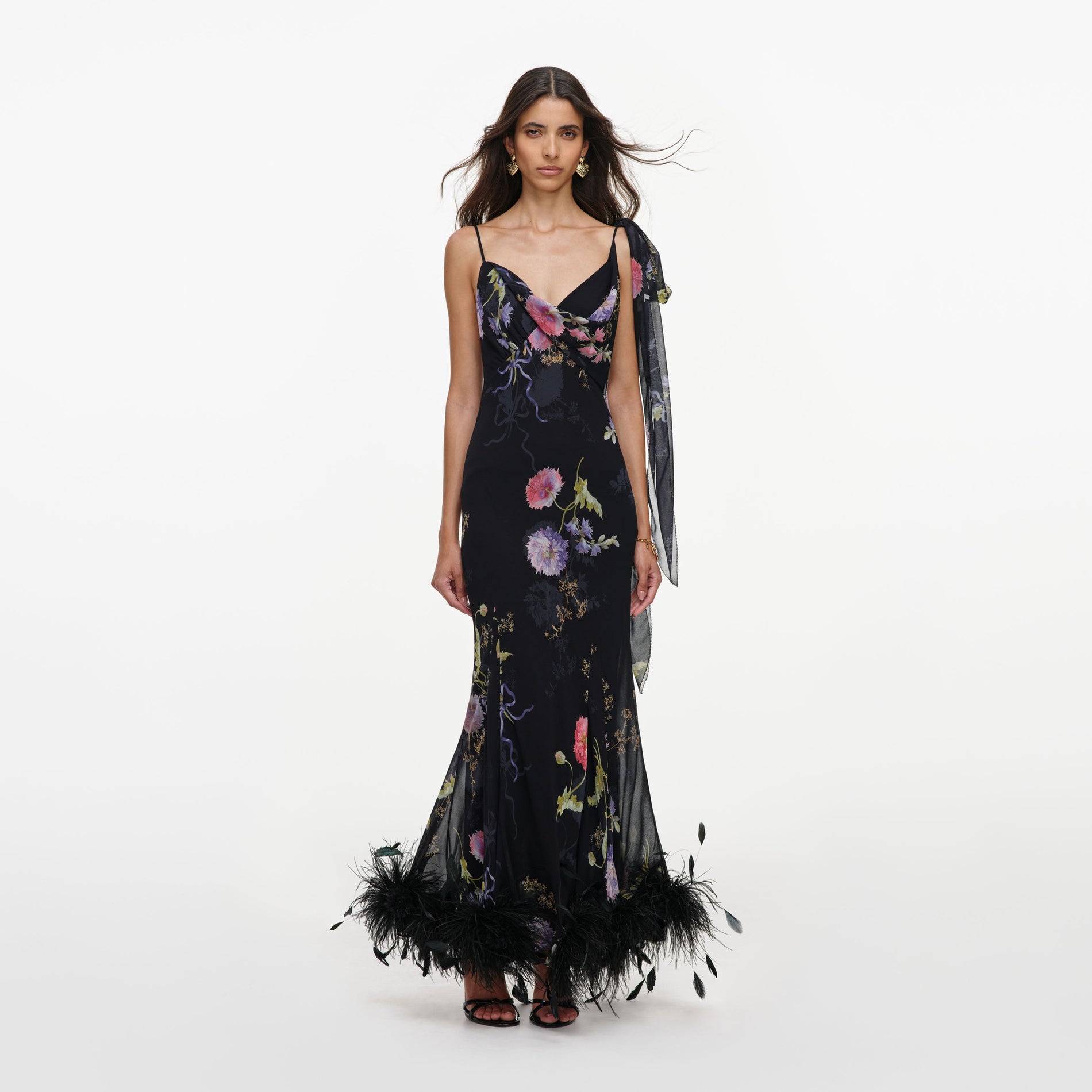 Black Floral Georgette Feather Maxi Dress