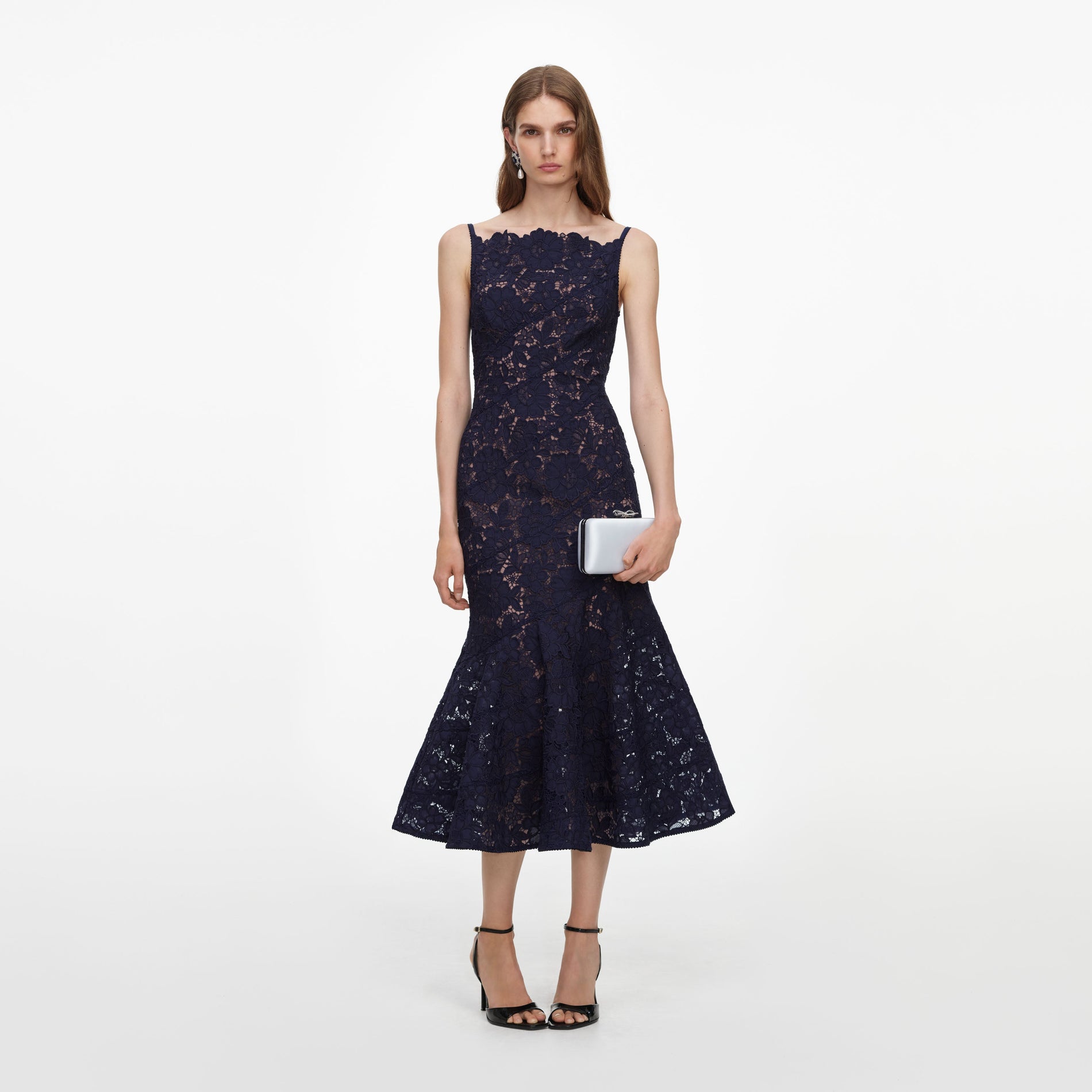 Navy Spiral Lace Midi Dress