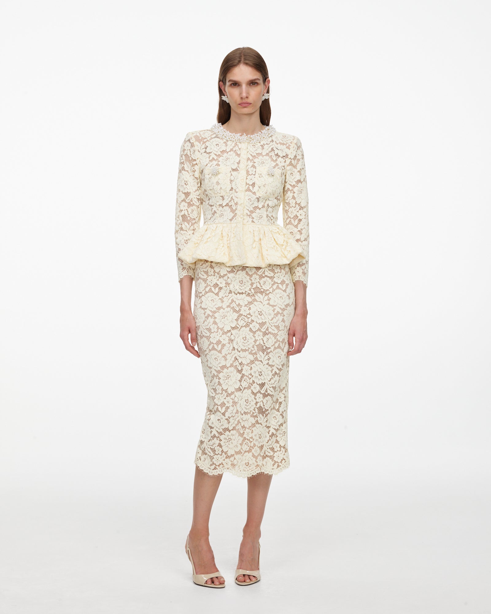 Yellow Lace Peplum Midi Dress