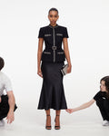 Black Boucle Crystal Trim Satin Midi Dress