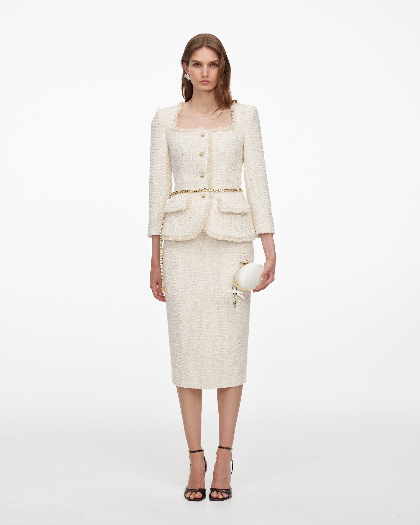 Cream Boucle Tailored Chain Midi Dress