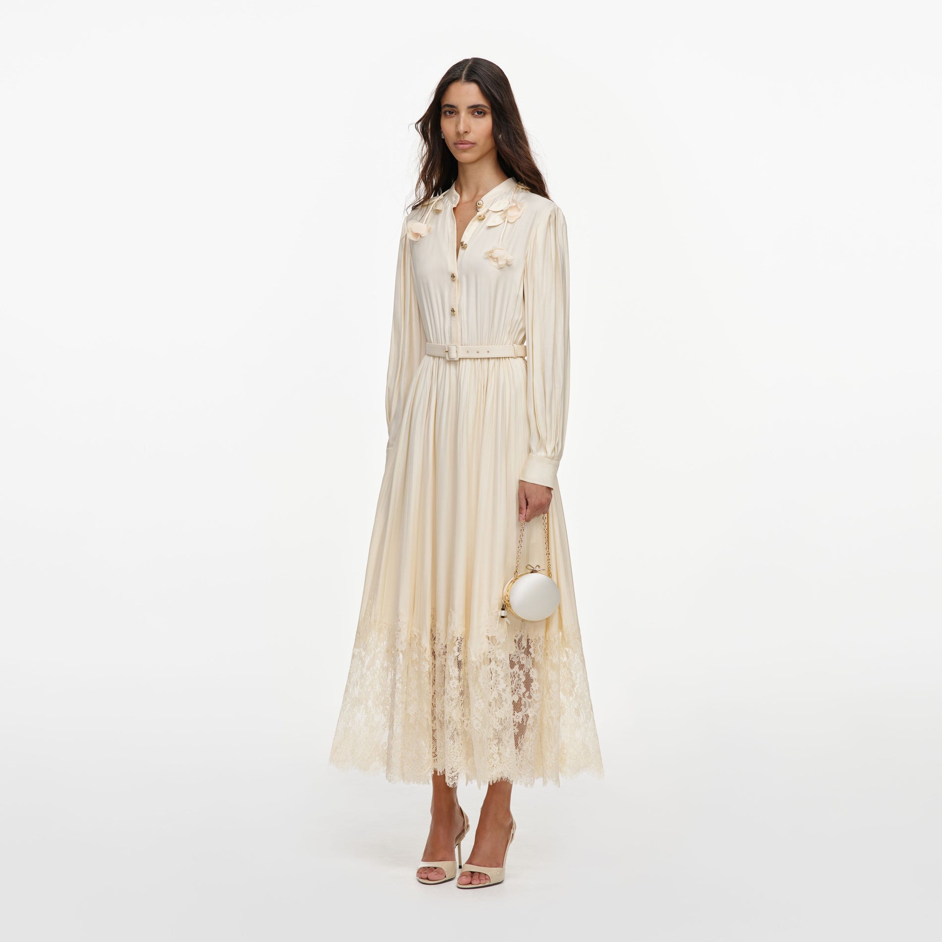 Yellow Viscose Lace Pleated Midi Dress
