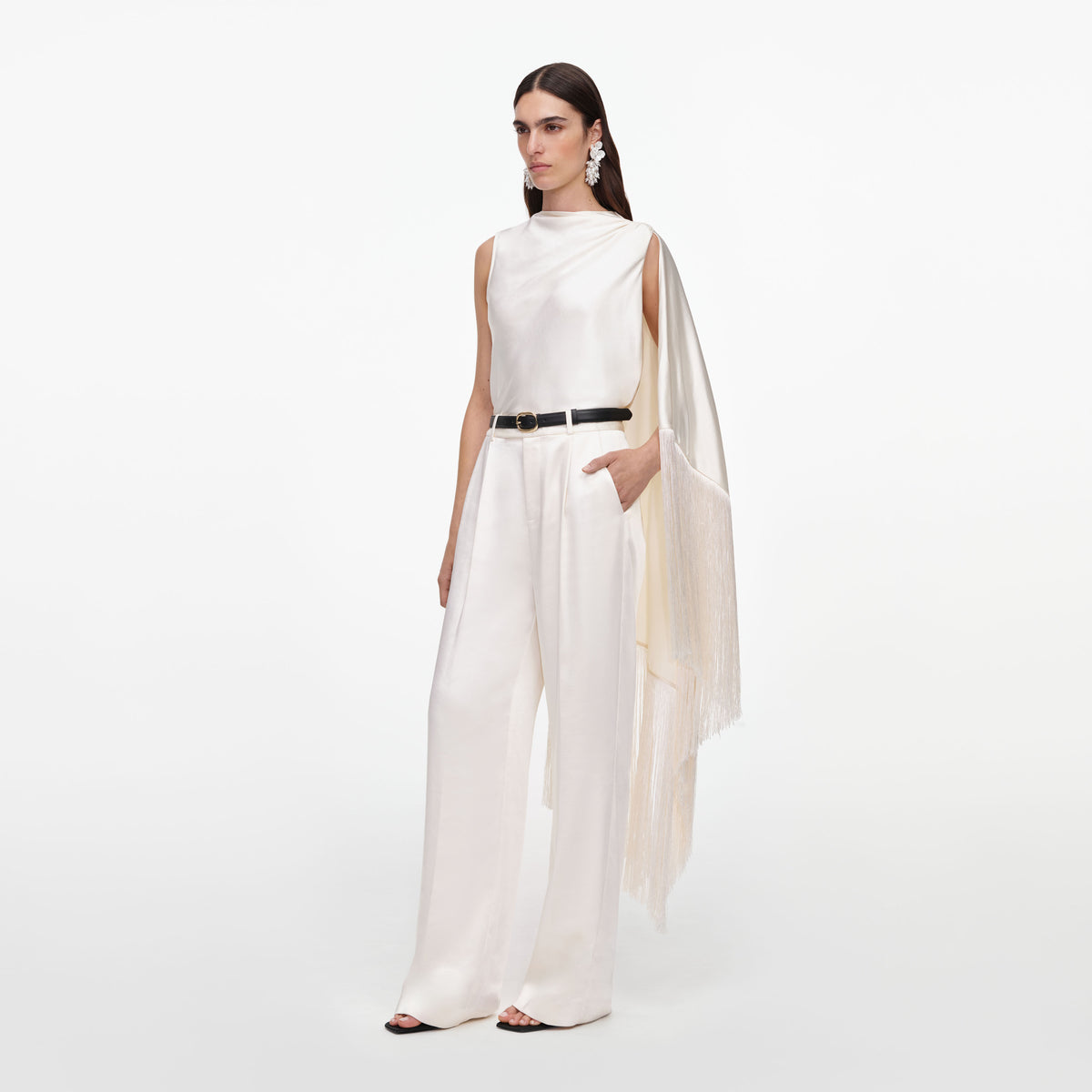 Cream Satin Fringed Scarf Top