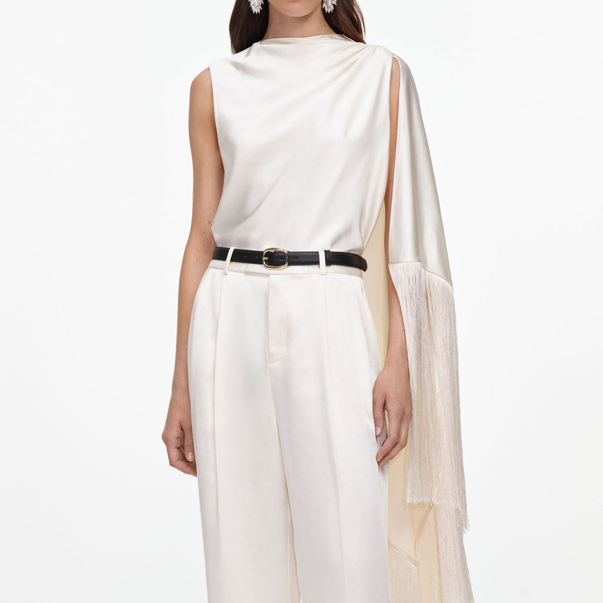 Cream Satin Fringed Scarf Top
