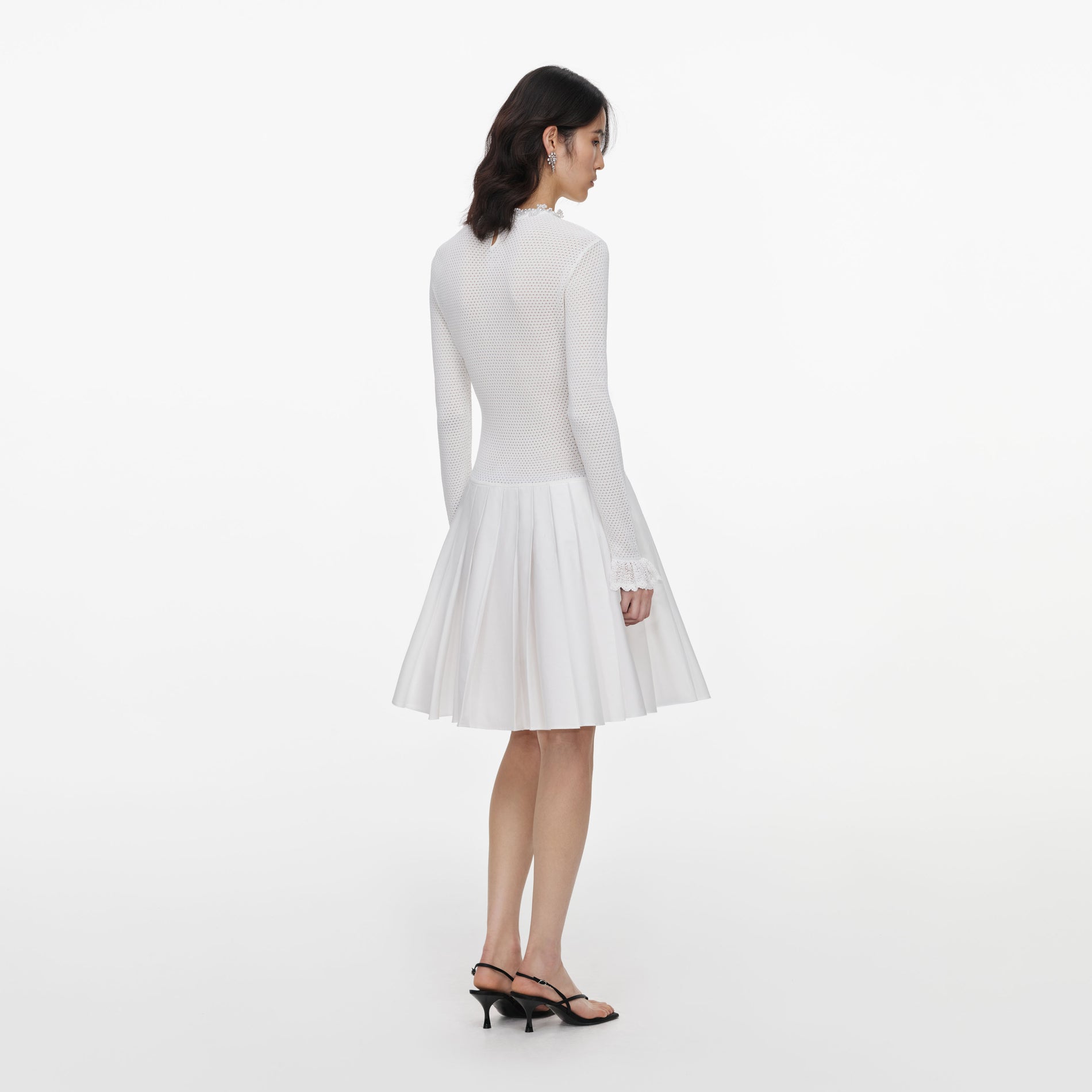 White Knit Pleated Twill Mini Dress